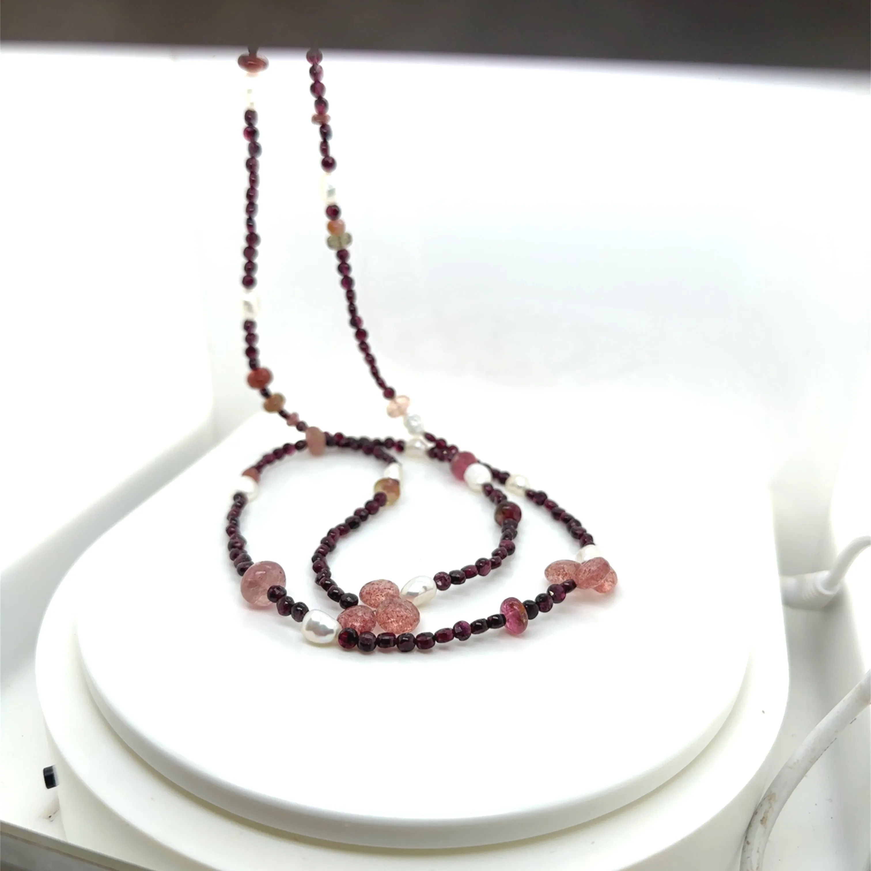 Garnet, Pink Tourmaline, Cherry Quartz & Freshwater Pearl Necklace