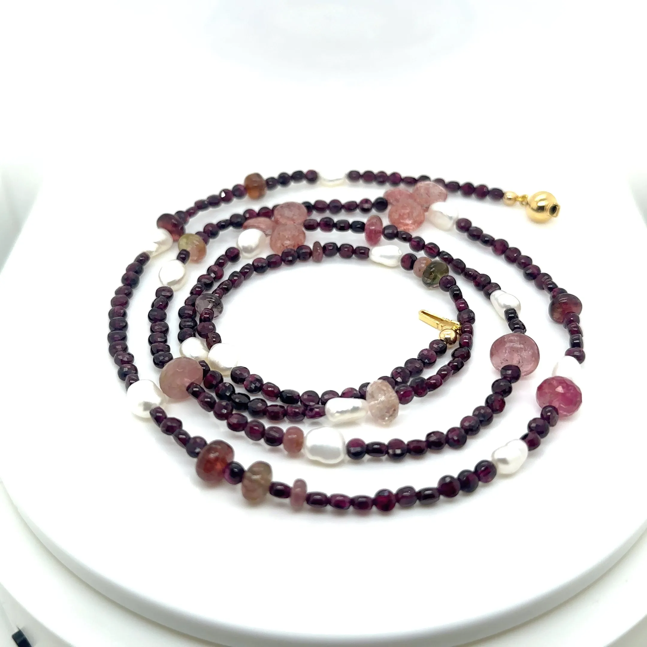 Garnet, Pink Tourmaline, Cherry Quartz & Freshwater Pearl Necklace