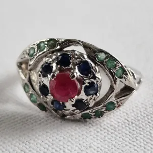 Handmade Sapphire, Ruby and Emerald Precious Silver Ring Jewellery