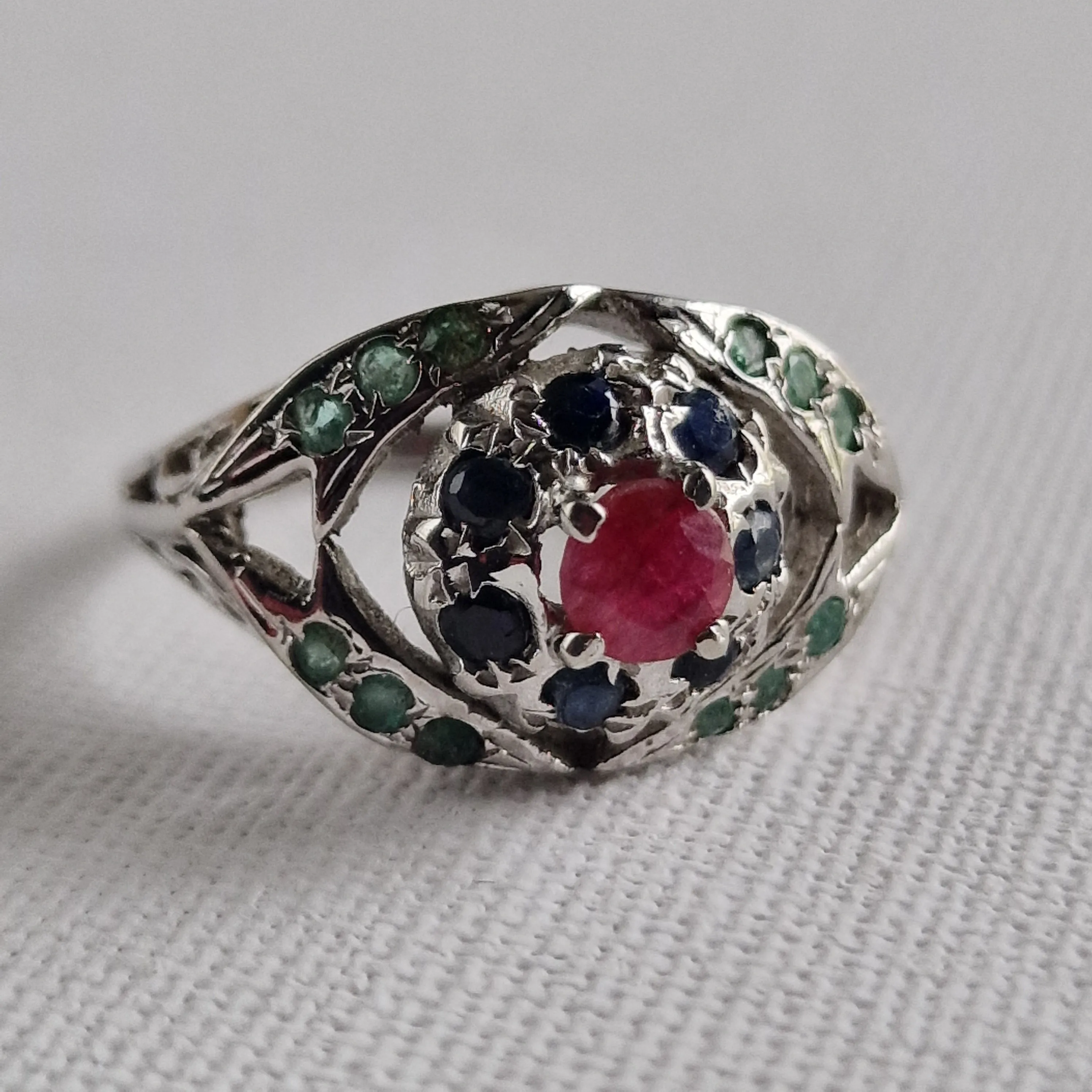 Handmade Sapphire, Ruby and Emerald Precious Silver Ring Jewellery
