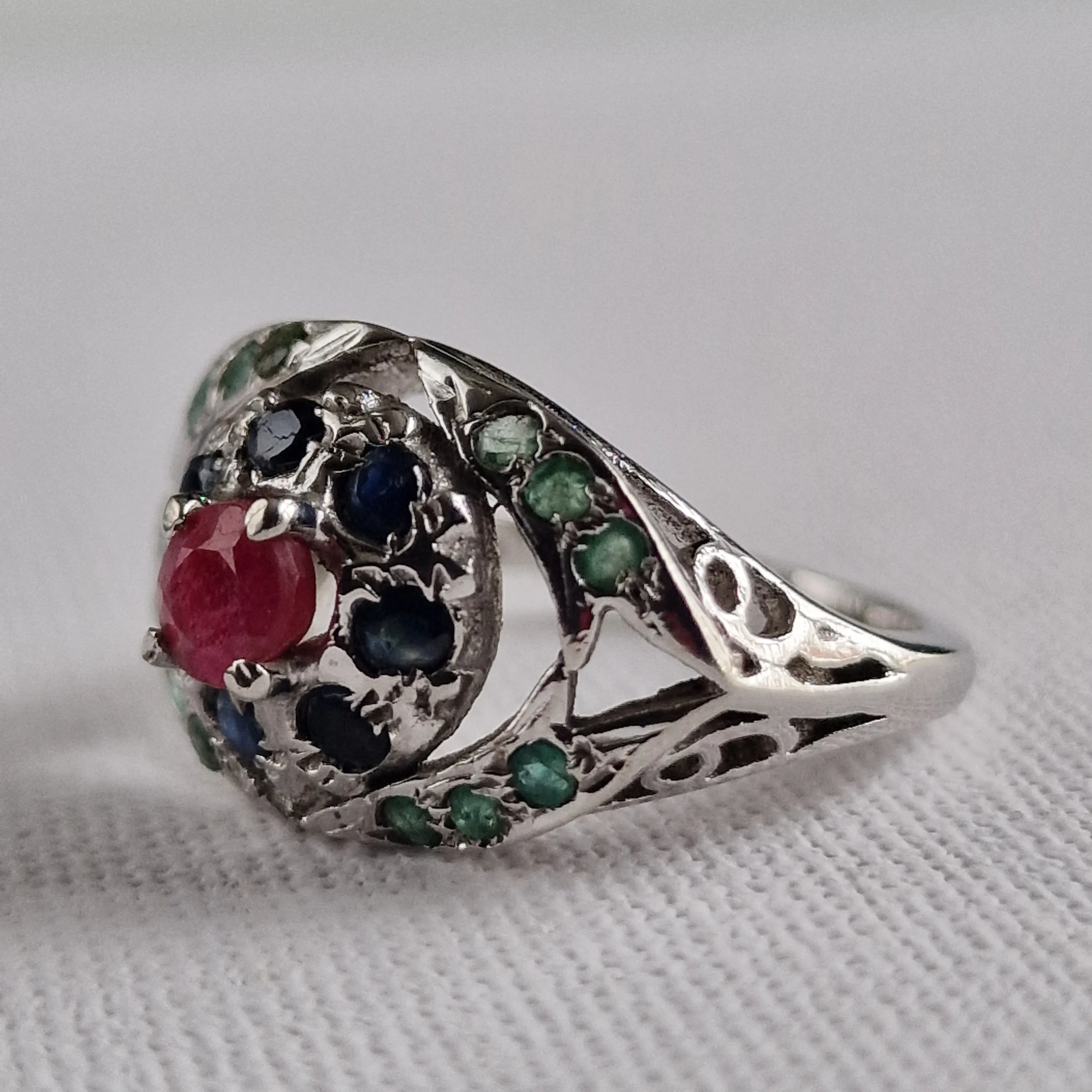 Handmade Sapphire, Ruby and Emerald Precious Silver Ring Jewellery