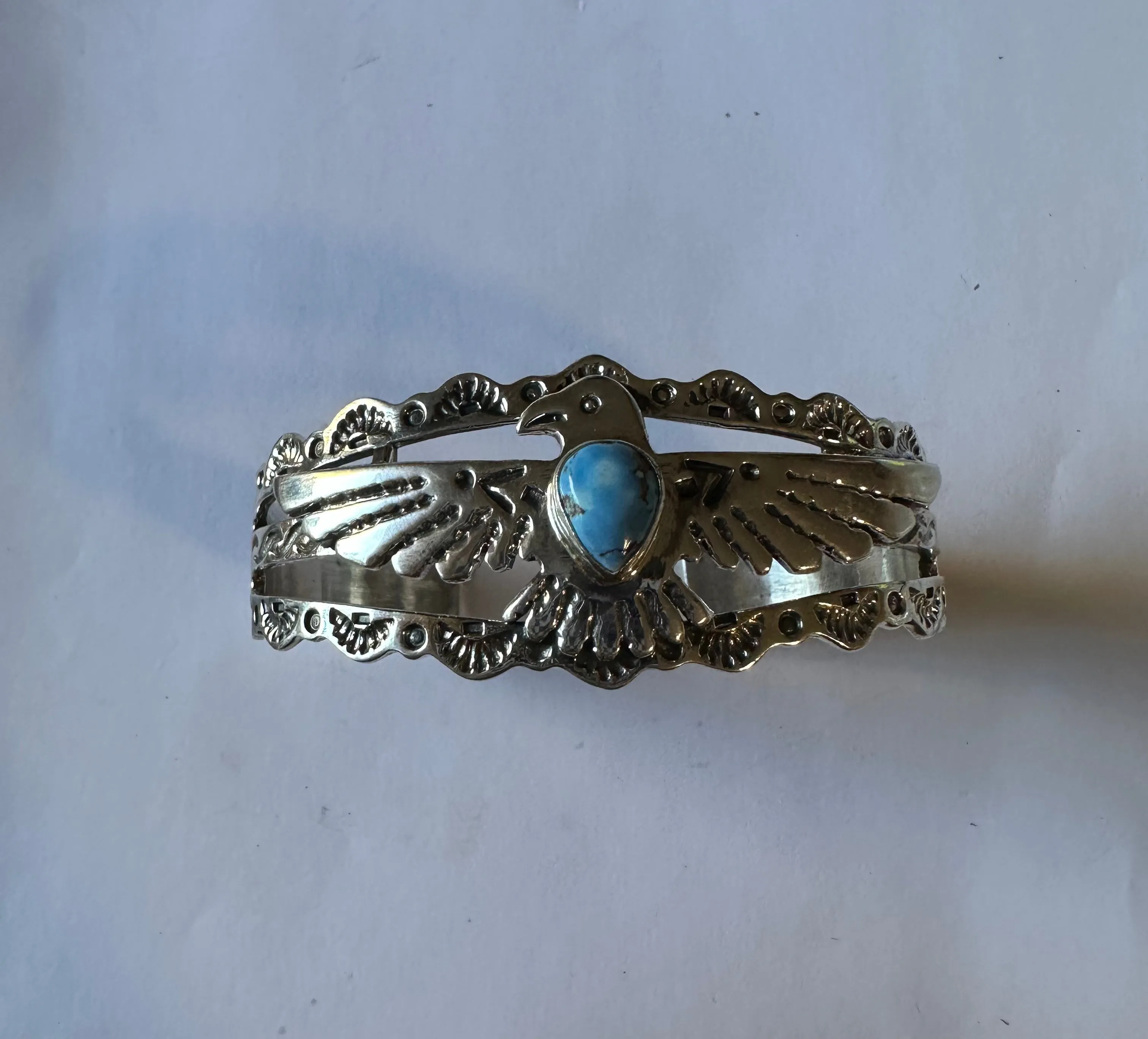 Handmade Sterling Silver Golden Hills Turquoise Thunderbird Cuff Style 3