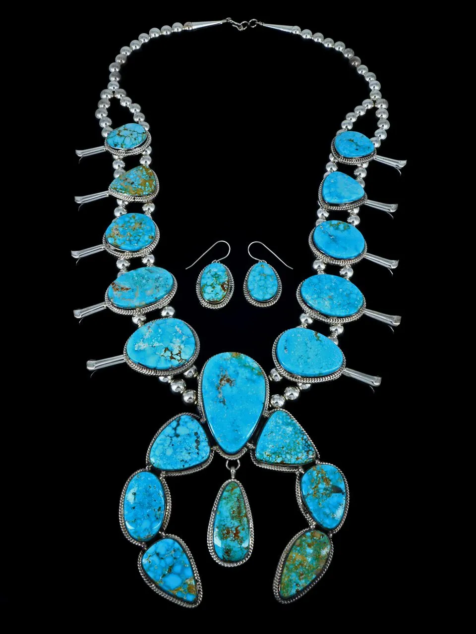 Large Native American Sterling Silver Kingman Turquoise Squash Blossom Necklace Set