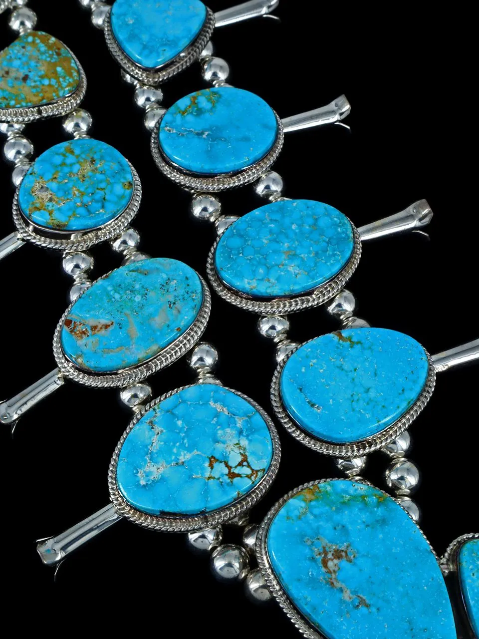 Large Native American Sterling Silver Kingman Turquoise Squash Blossom Necklace Set
