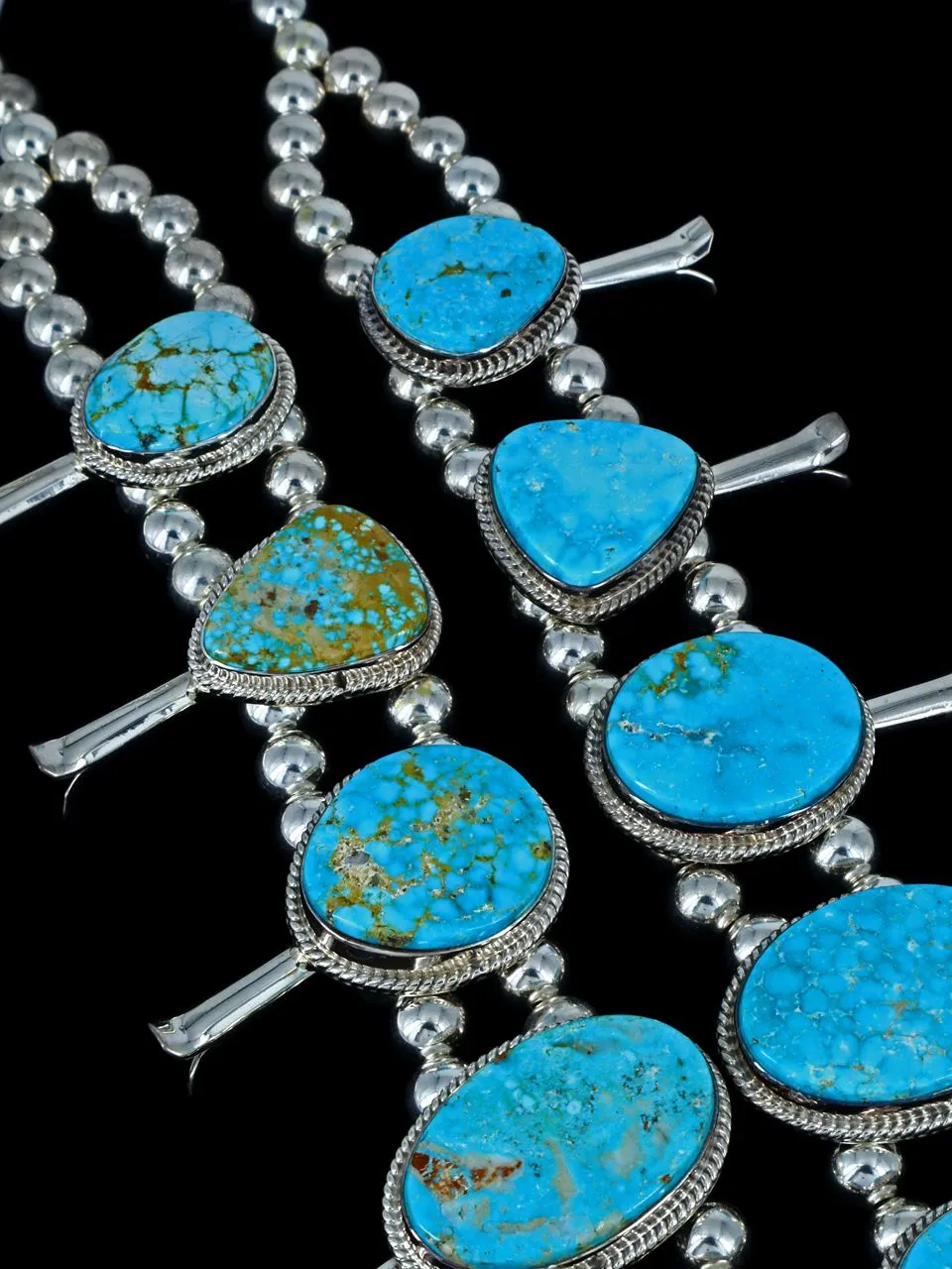 Large Native American Sterling Silver Kingman Turquoise Squash Blossom Necklace Set