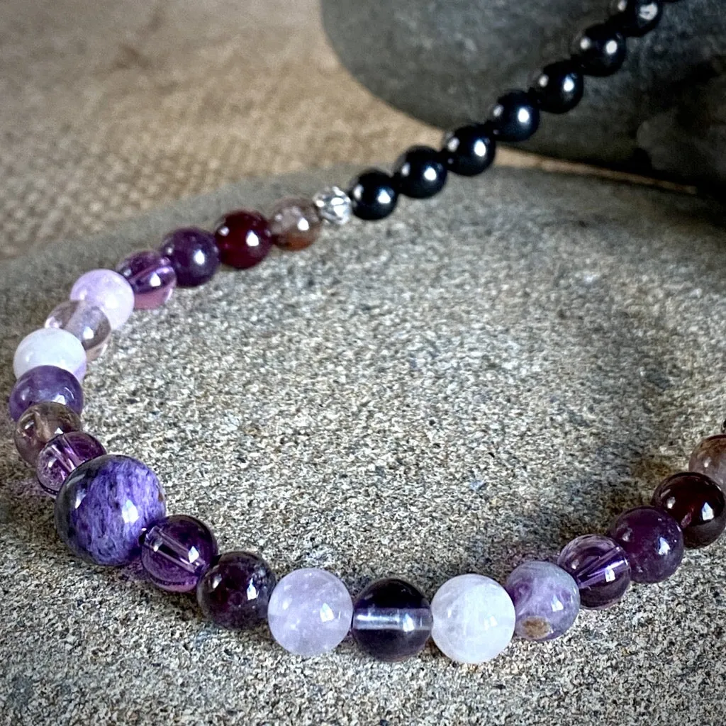 Long Shungite Necklace, Violet Gemstones, Crown Chakra