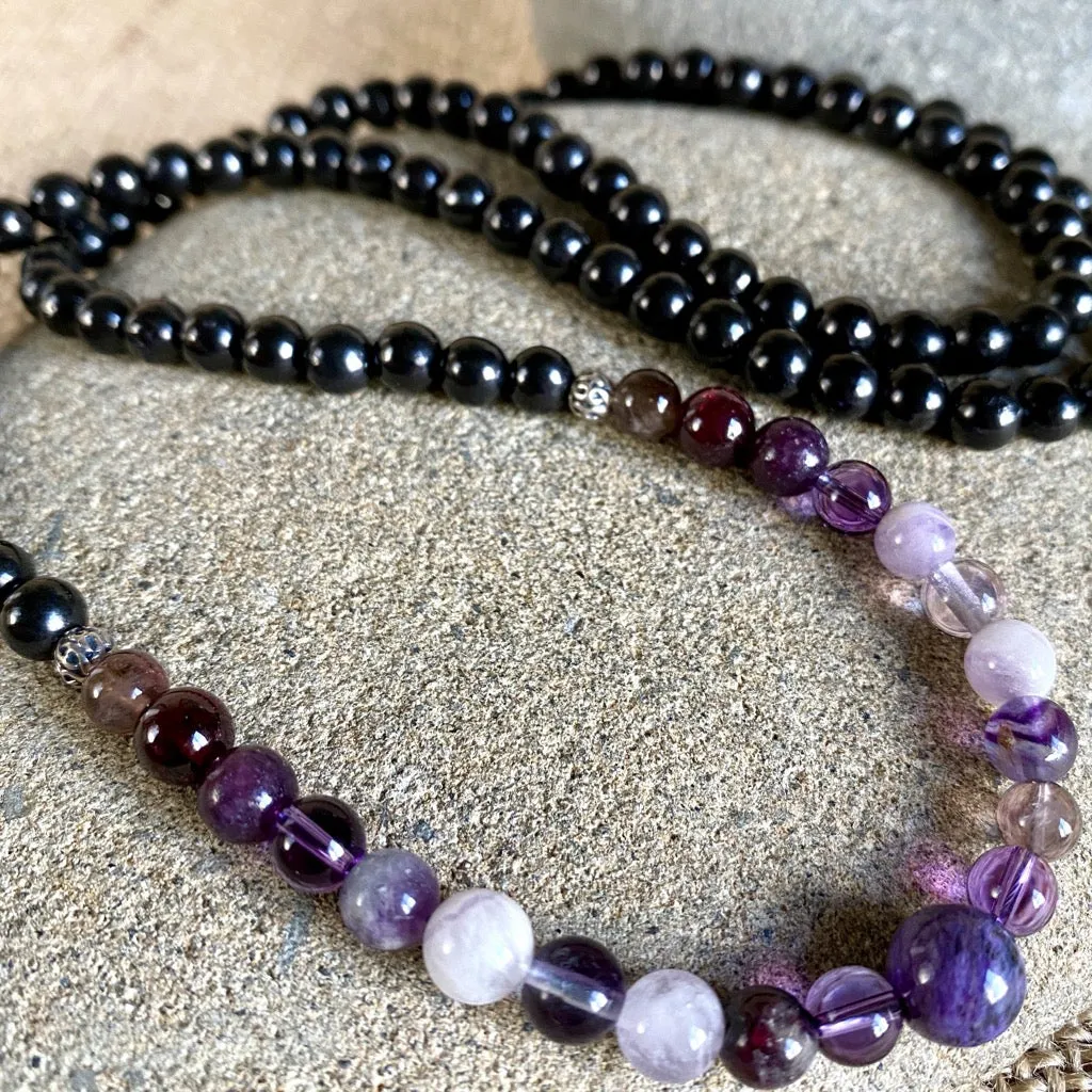 Long Shungite Necklace, Violet Gemstones, Crown Chakra