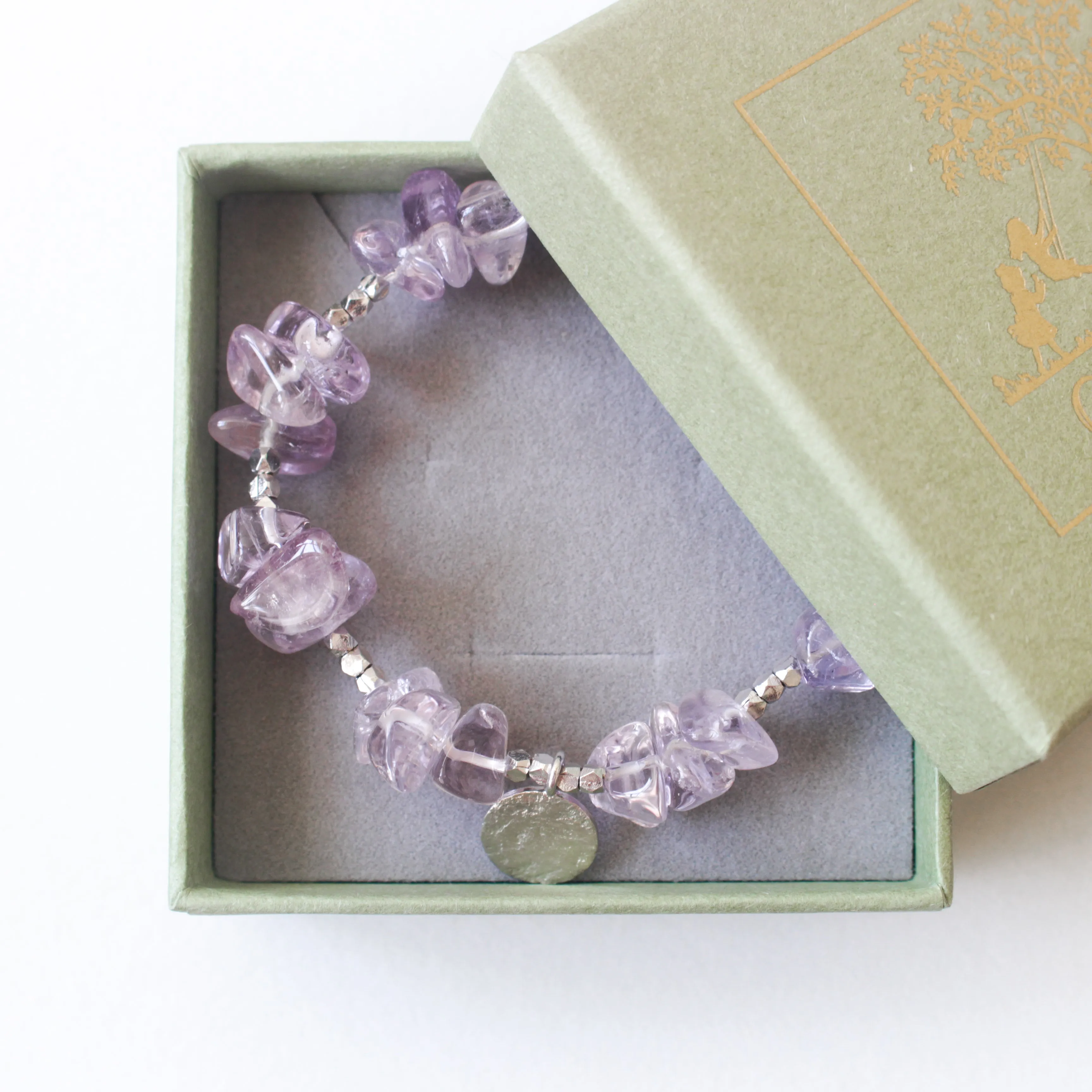 Make A Wish Bracelet - Amethyst with Engraved Silver Charm Elastic Bracelet