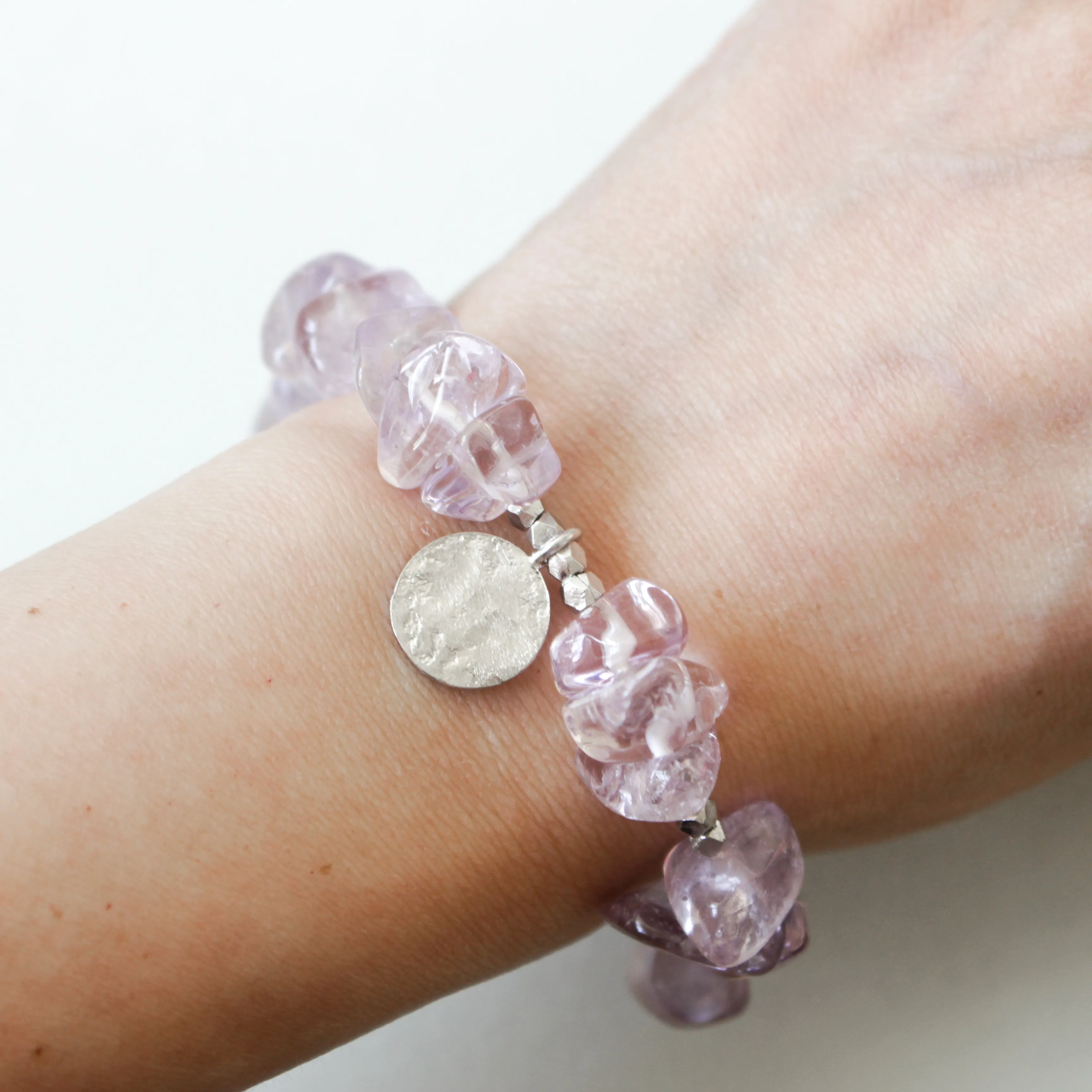 Make A Wish Bracelet - Amethyst with Engraved Silver Charm Elastic Bracelet