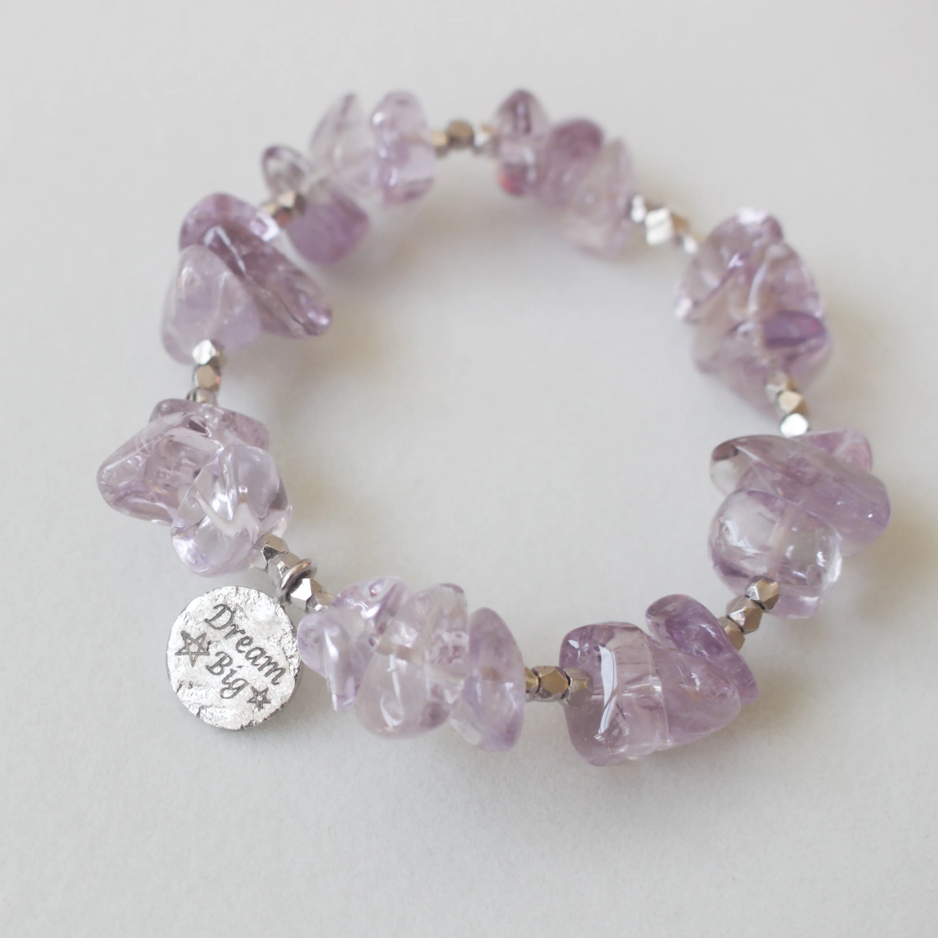 Make A Wish Bracelet - Amethyst with Engraved Silver Charm Elastic Bracelet