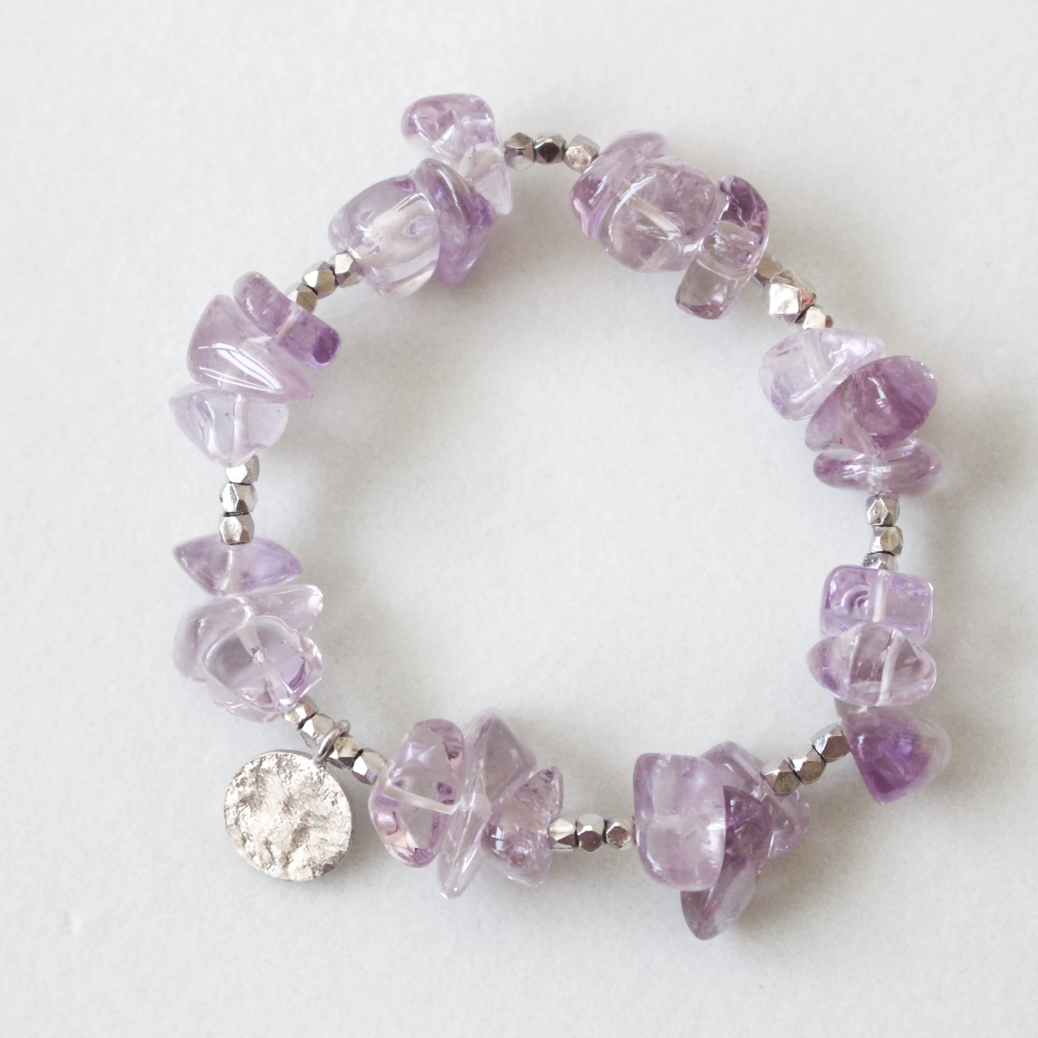 Make A Wish Bracelet - Amethyst with Engraved Silver Charm Elastic Bracelet