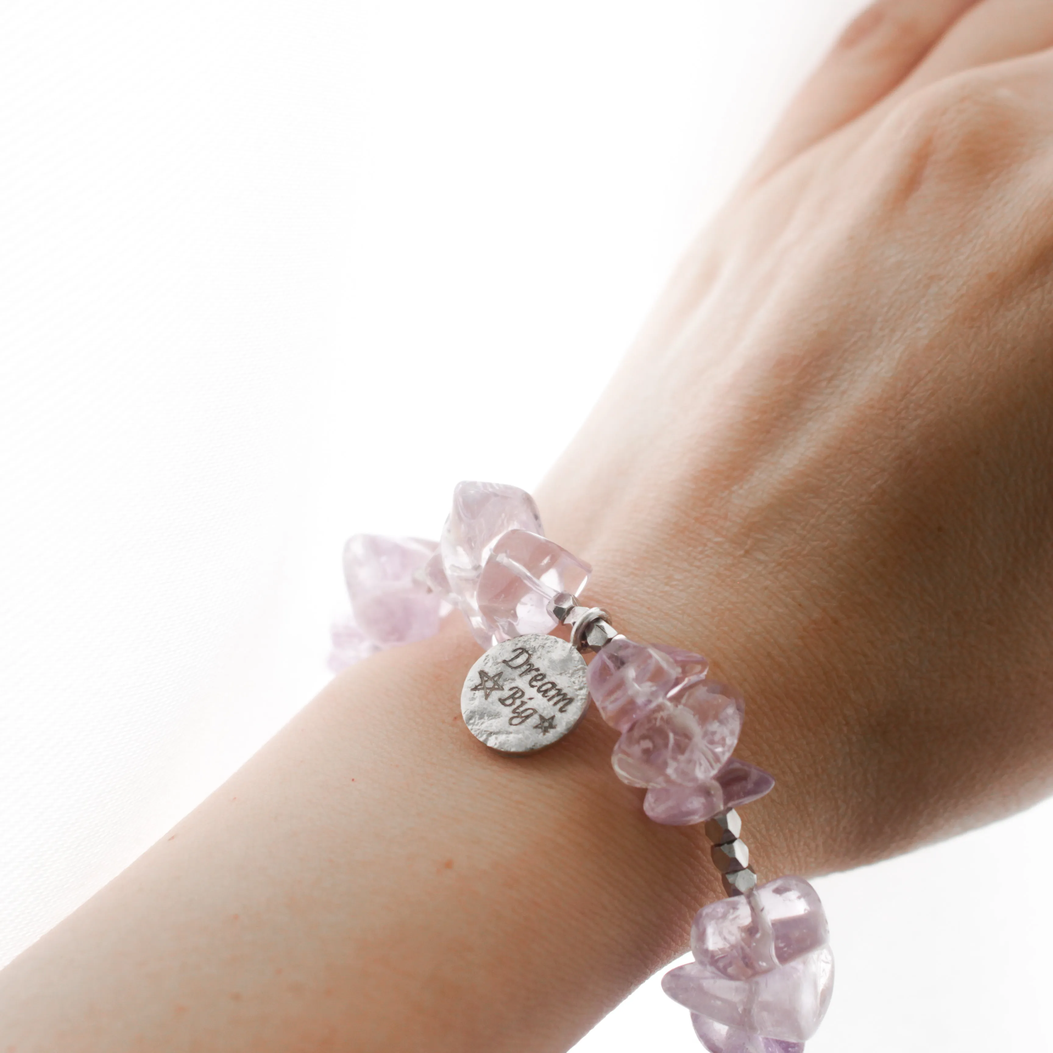 Make A Wish Bracelet - Amethyst with Engraved Silver Charm Elastic Bracelet