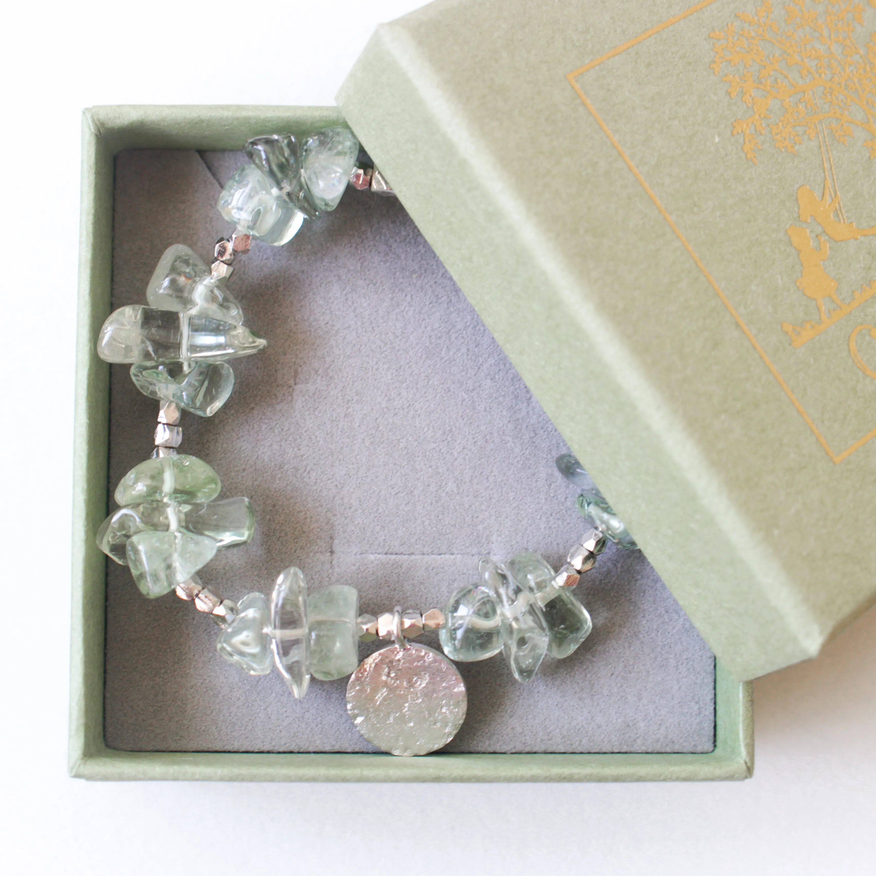 Make A Wish Bracelet - Green Amethyst with Engraved Silver Charm Elastic Bracelet