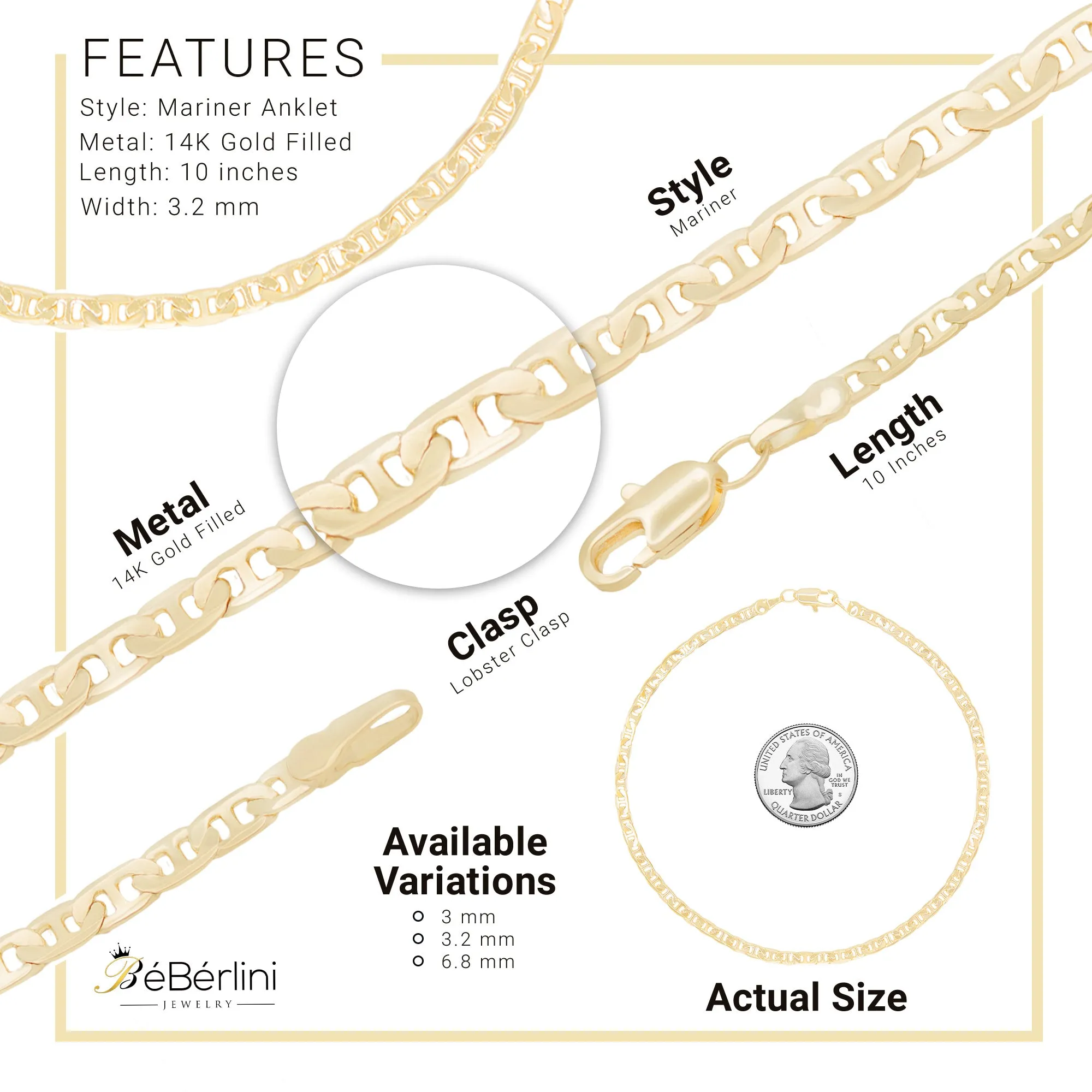 Mariner Chain Anklet 14K Gold Filled 3.2 mm Jewelry Women 9.5"