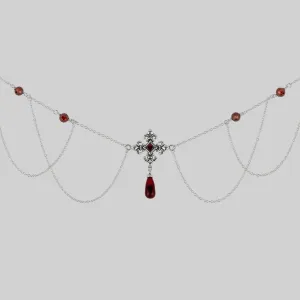 MUTINY. Fleur de Lis Multi-Drop Garnet Collar - Silver