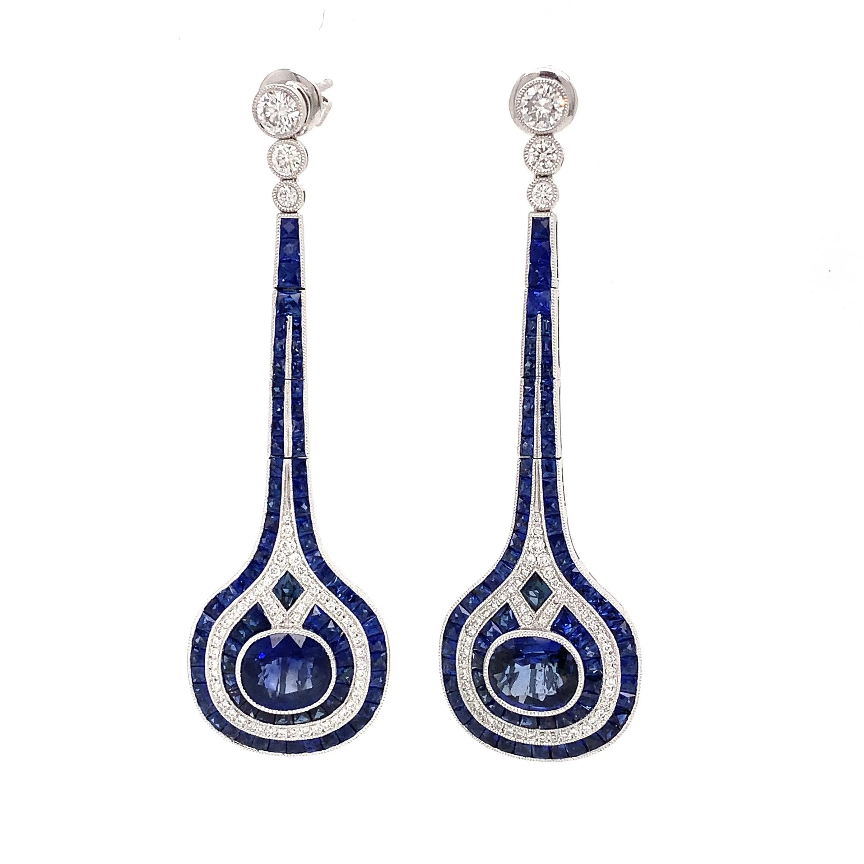 New Aristocrat Art Deco Reproduction 11.30 cttw Ceylon Sapphire Diamond Drop  Earrings 10991