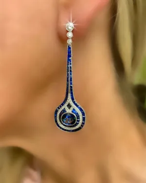 New Aristocrat Art Deco Reproduction 11.30 cttw Ceylon Sapphire Diamond Drop  Earrings 10991