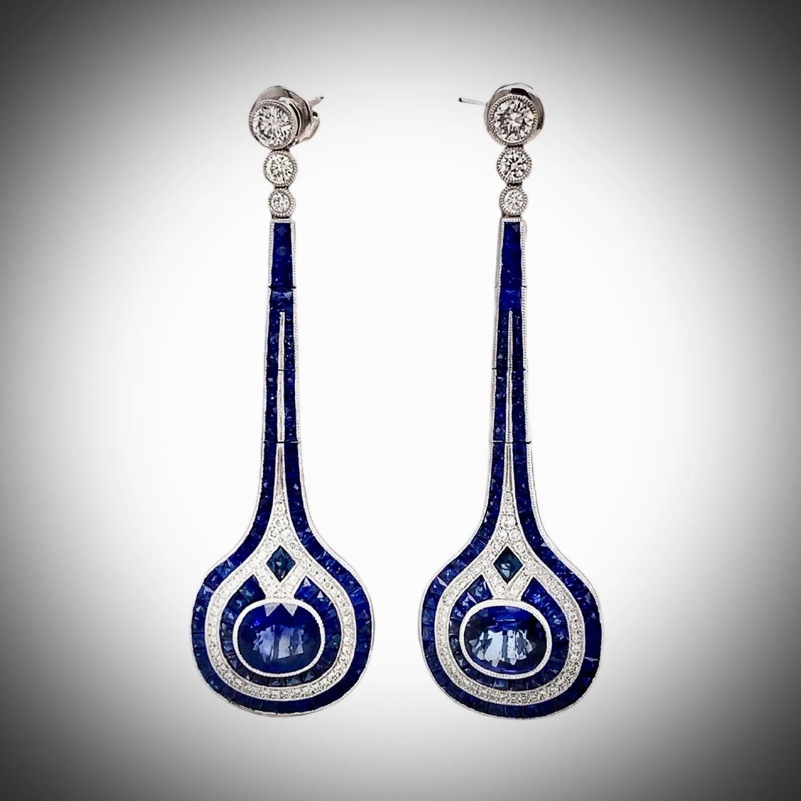 New Aristocrat Art Deco Reproduction 11.30 cttw Ceylon Sapphire Diamond Drop  Earrings 10991