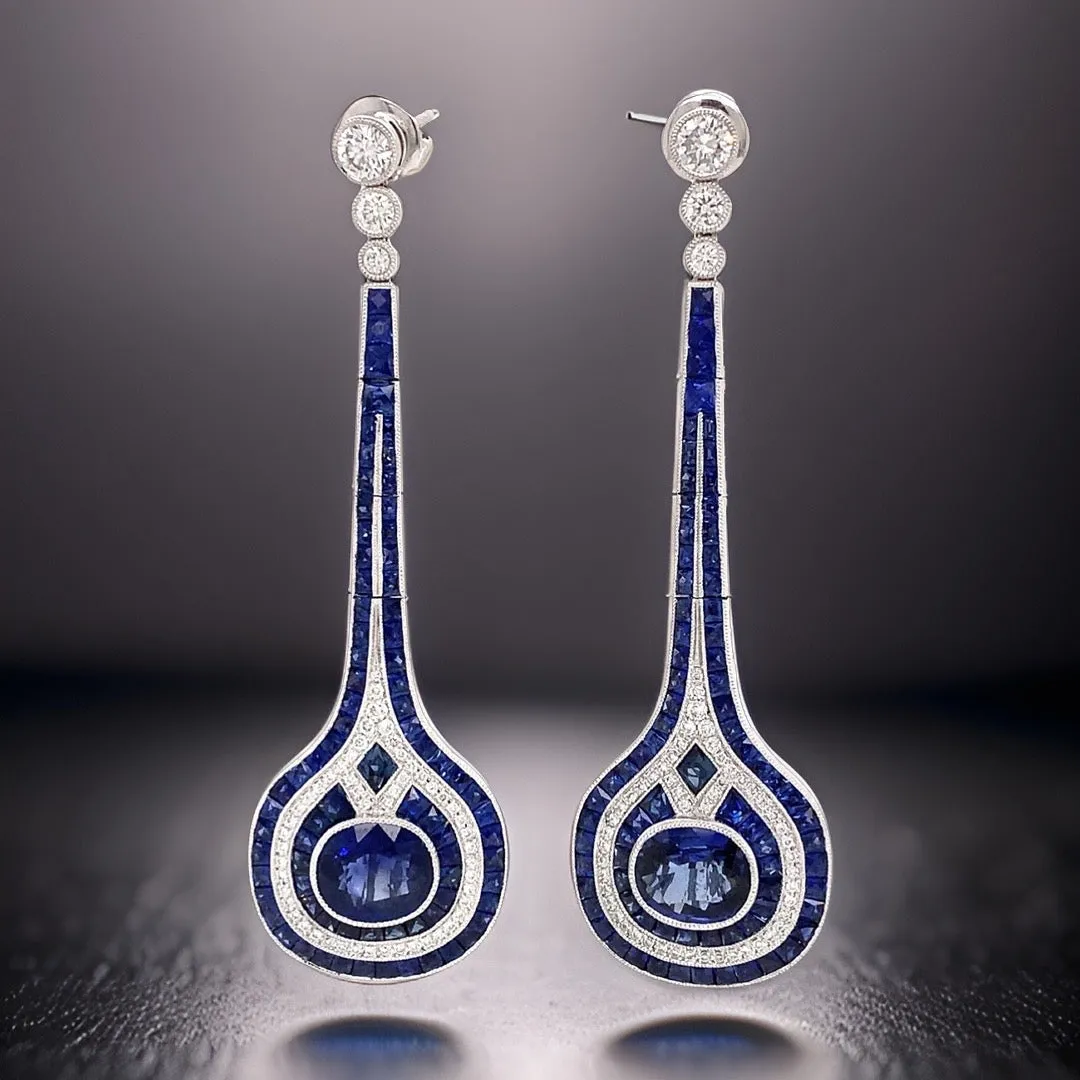New Aristocrat Art Deco Reproduction 11.30 cttw Ceylon Sapphire Diamond Drop  Earrings 10991
