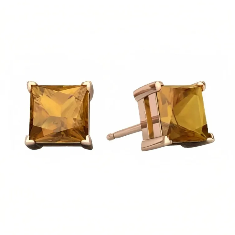 Paris Jewelry 18k Rose Gold 2 Pair Created Citrine 6mm Round & Princess Cut Stud Earrings Plated