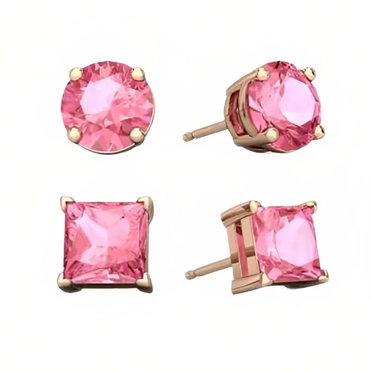 Paris Jewelry 18k Rose Gold 2 Pair Created Tourmaline 4mm, 6mm Round & Princess Cut Stud Earrings Plated