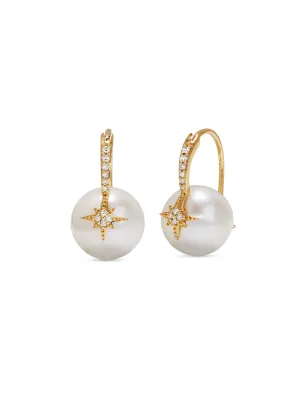 Pavé Diamond Starburst Pearl Bead Yellow Gold Earrings