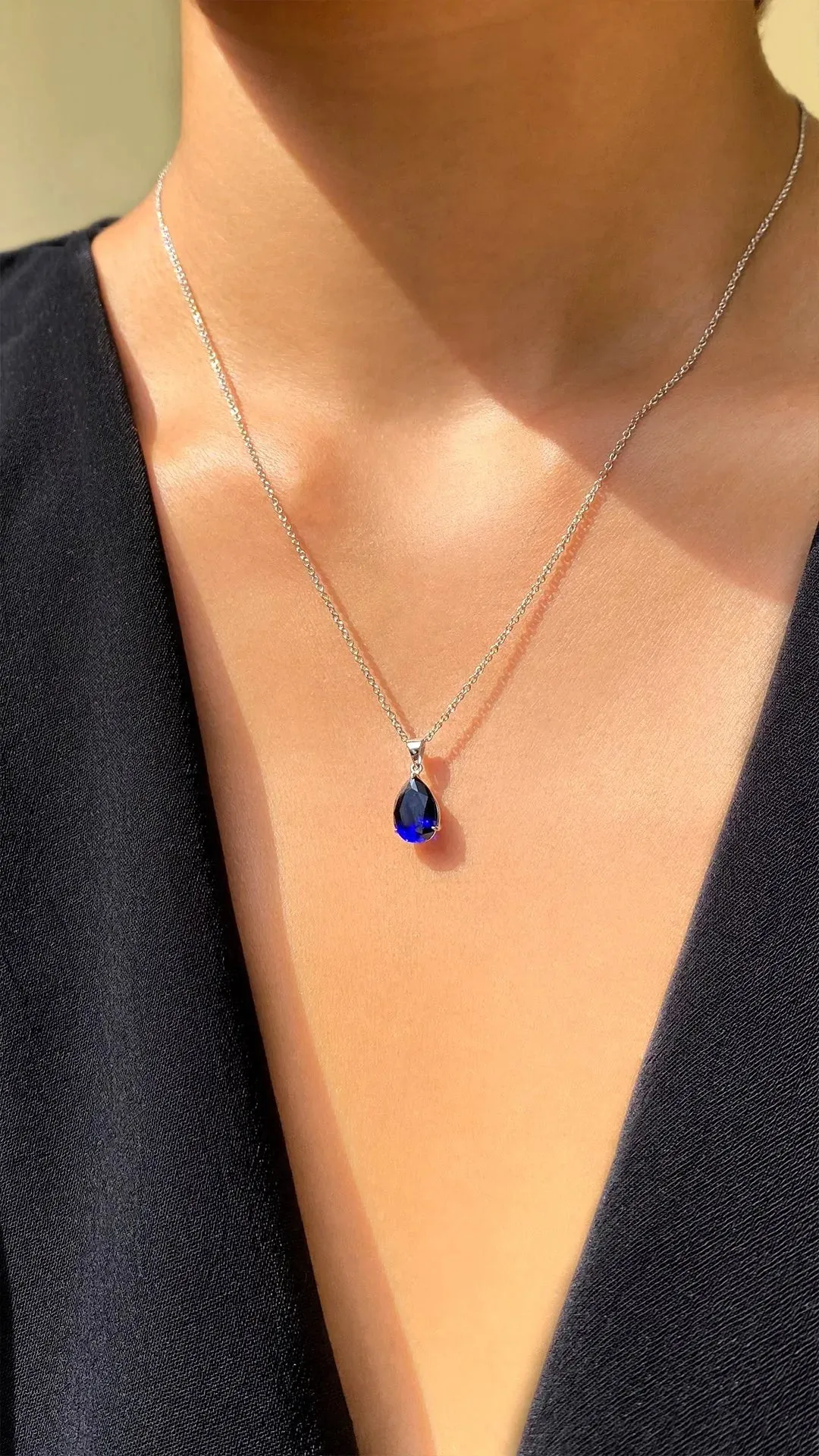 Pear Cut Blue Sapphire Charm Necklace