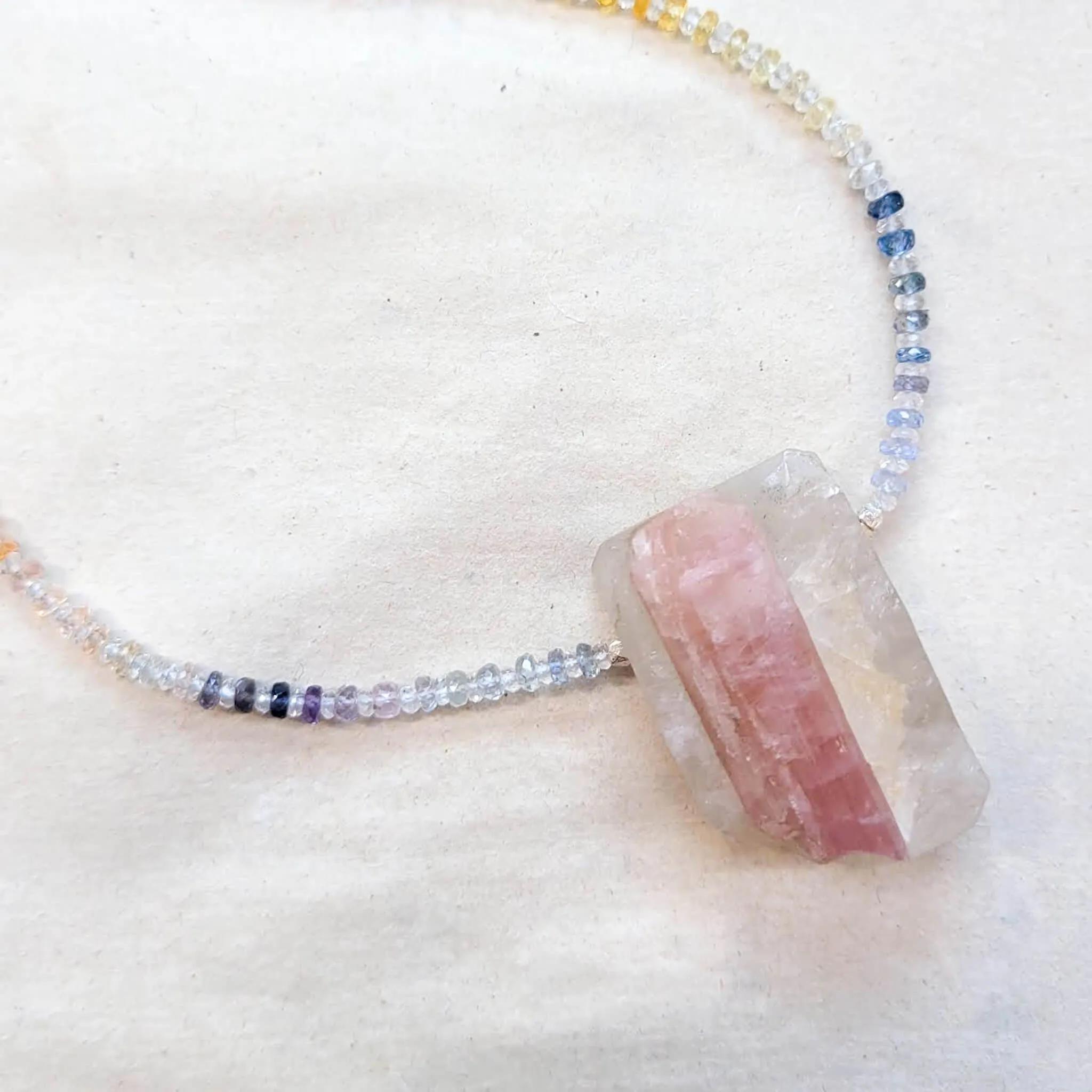 Pink Tourmaline Crystal in Quartz Matrix with Rainbow Sapphire Beads