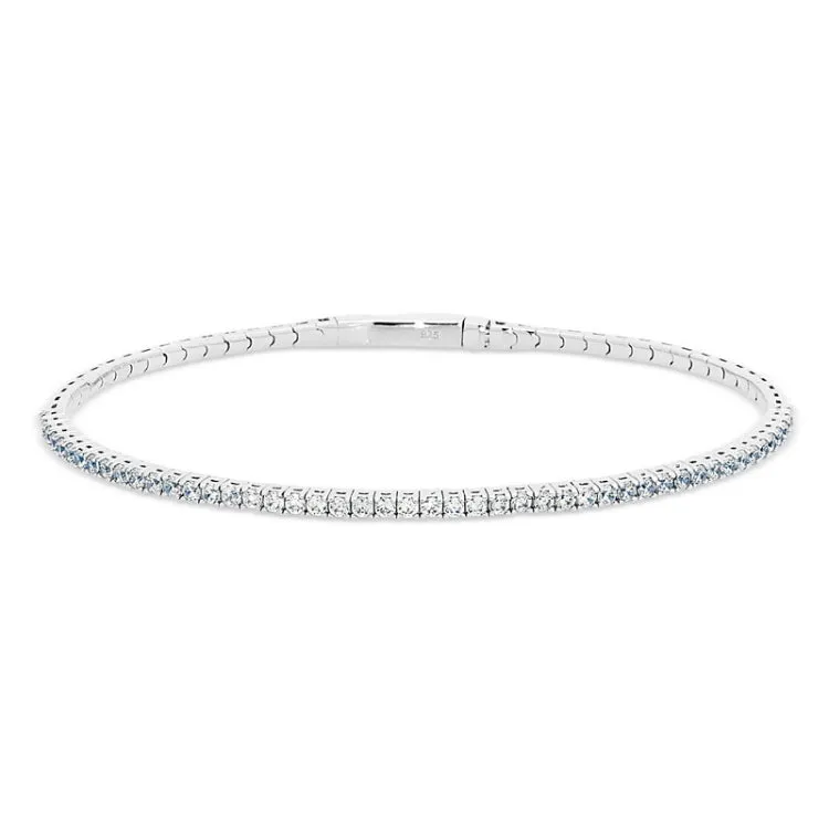 Platinum Finish Sterling Silver Single Row Flexible Bracelet with 1.75mm Simulated Diamonds