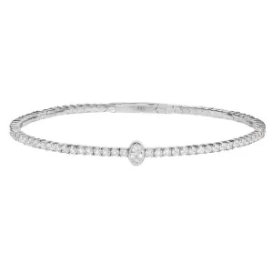 platinum finish sterling silver single row flexible bracelet with 1.9mm simulated diamonds, a central oval simulated diamond