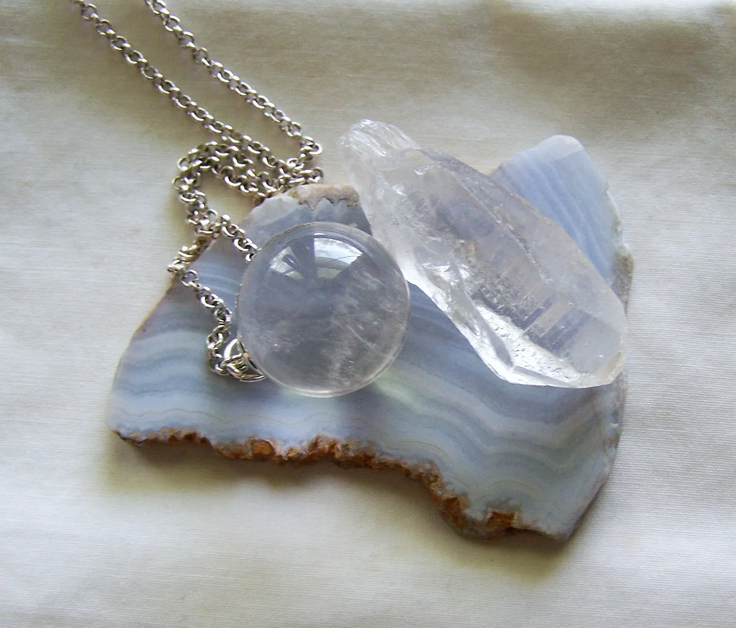 Quartz Crystal Ball Pendant Necklace   Quartz Point - Crystal Web Combo