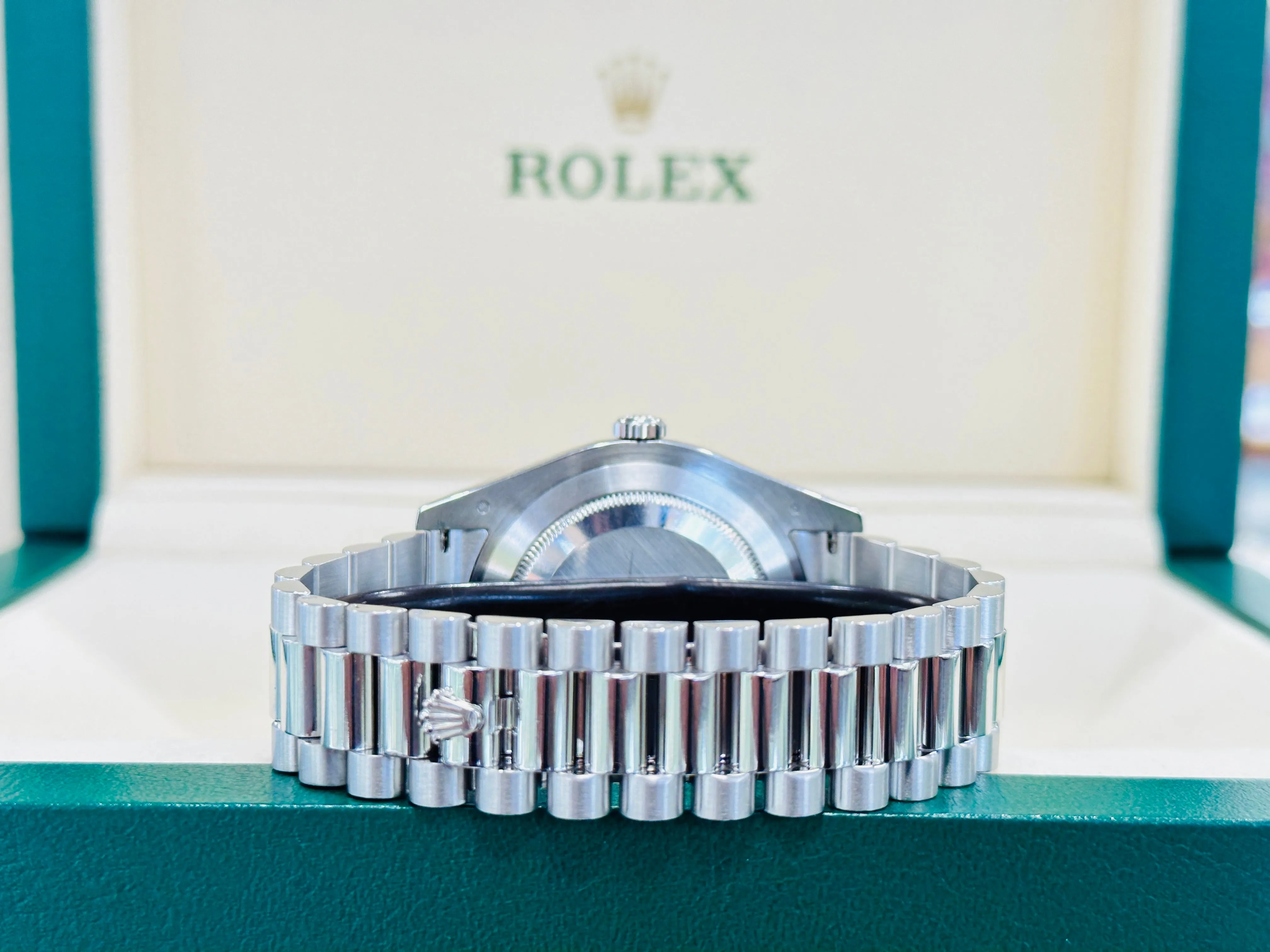 Rolex President Day-Date II 41mm Platinum Black Arabic Concentric Dial 218206 MINT Box and Papers