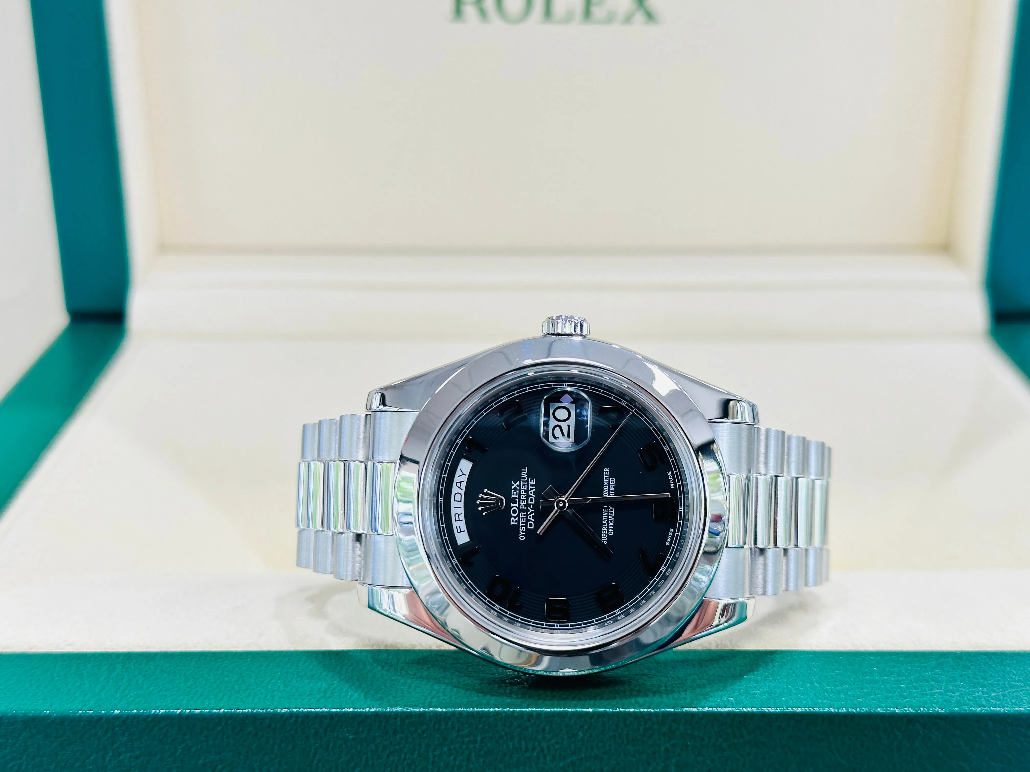 Rolex President Day-Date II 41mm Platinum Black Arabic Concentric Dial 218206 MINT Box and Papers