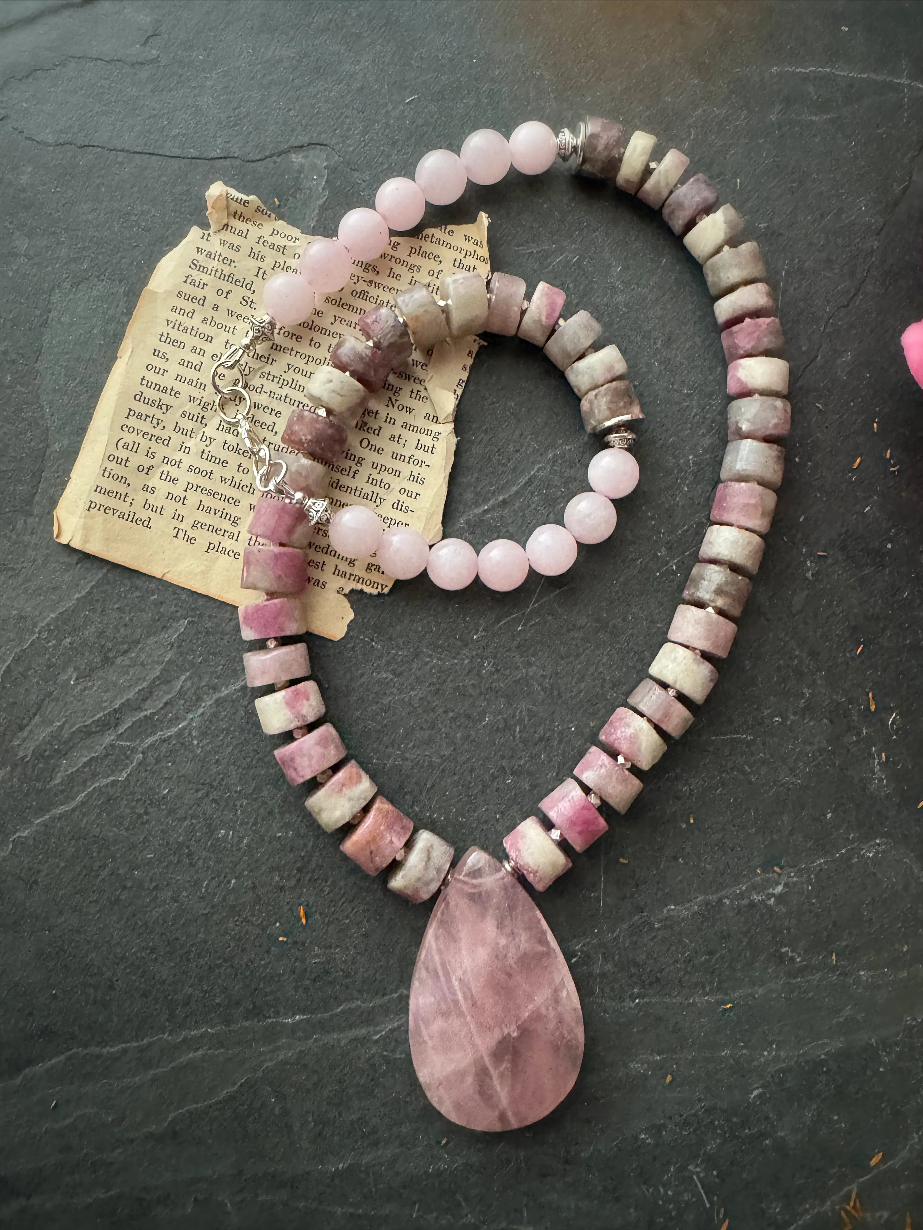 Rose quartz,  pink tourmaline gemstone, sterling silver metal, necklace, jewelry
