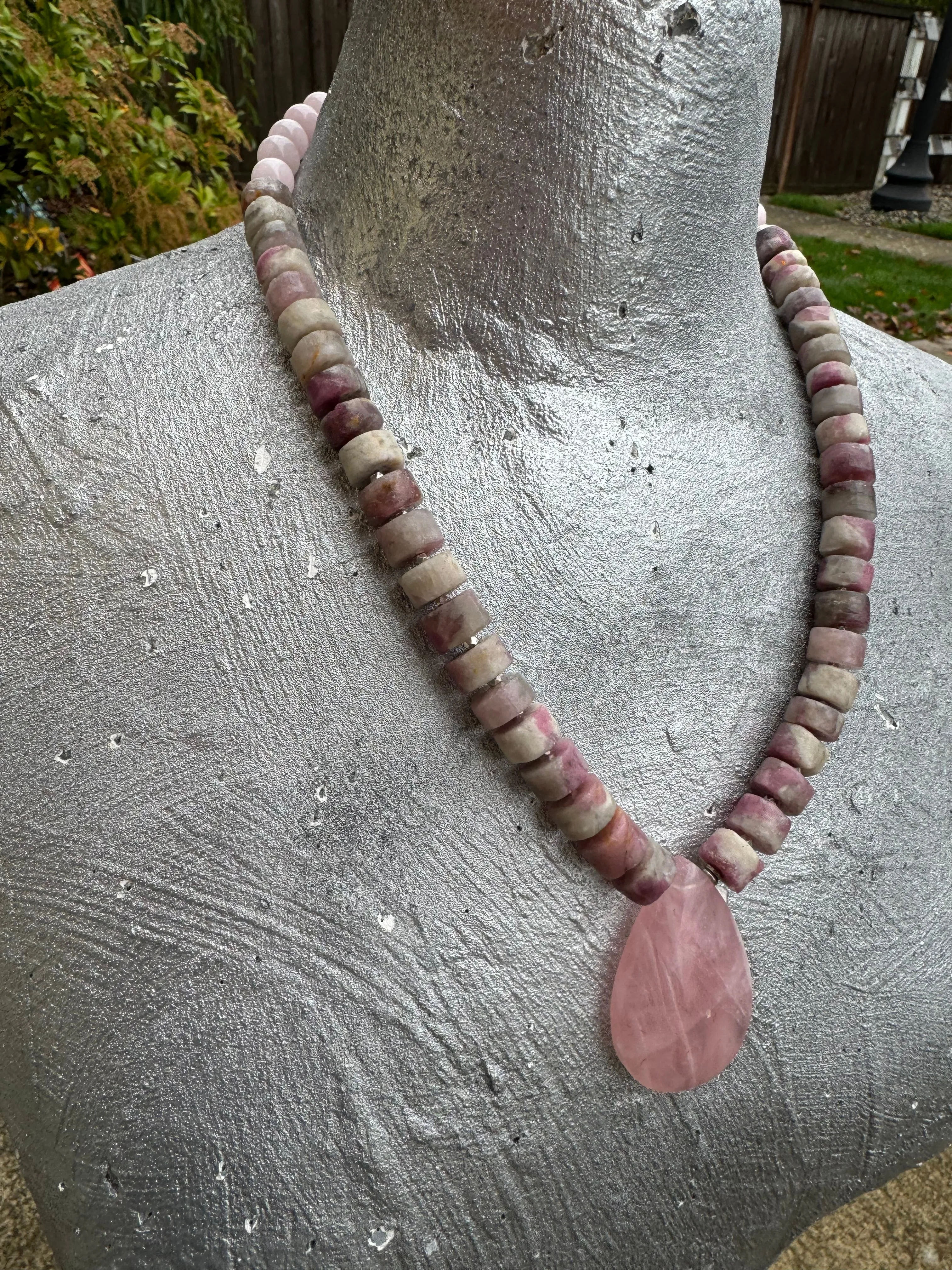Rose quartz,  pink tourmaline gemstone, sterling silver metal, necklace, jewelry
