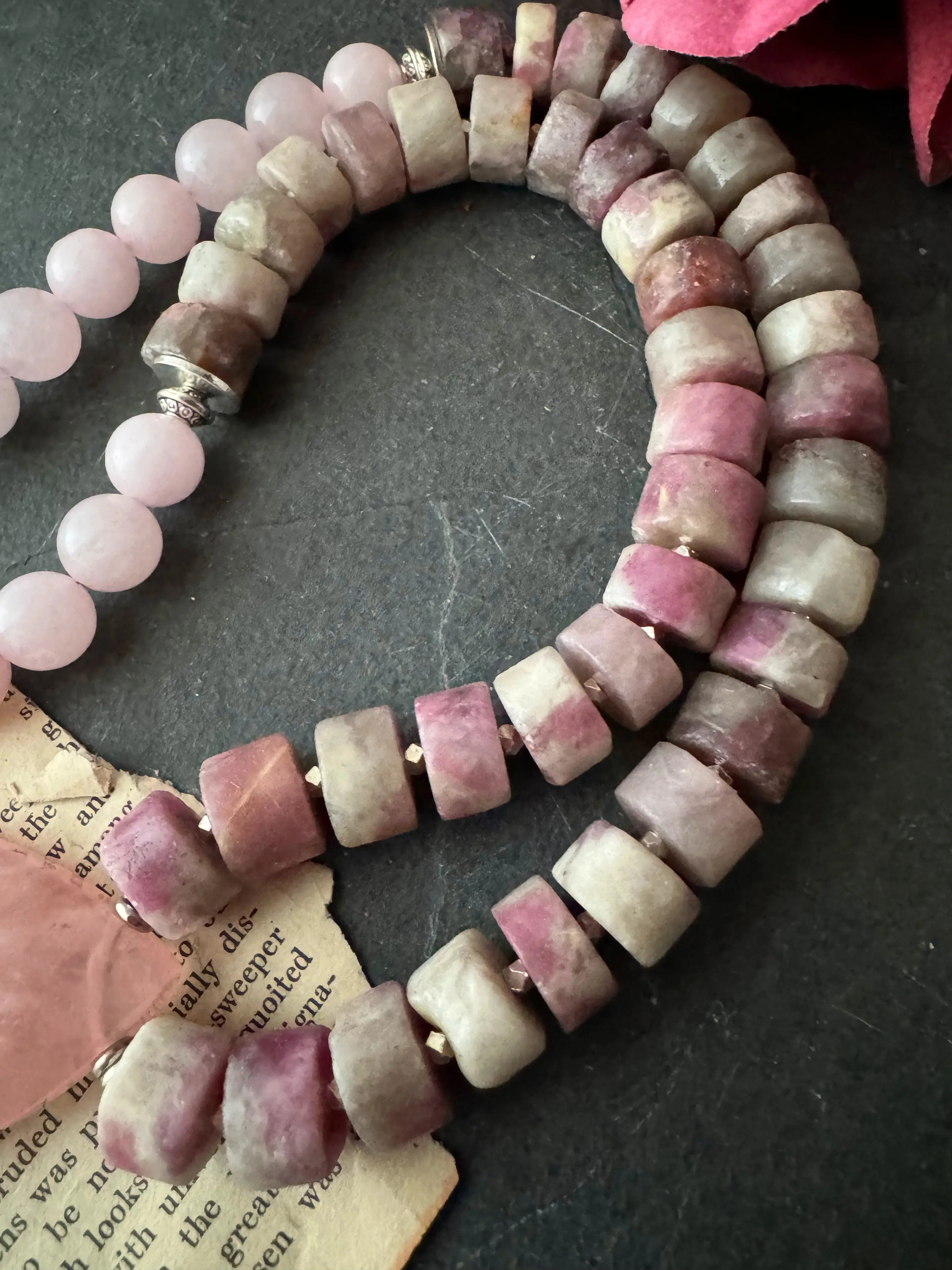 Rose quartz,  pink tourmaline gemstone, sterling silver metal, necklace, jewelry