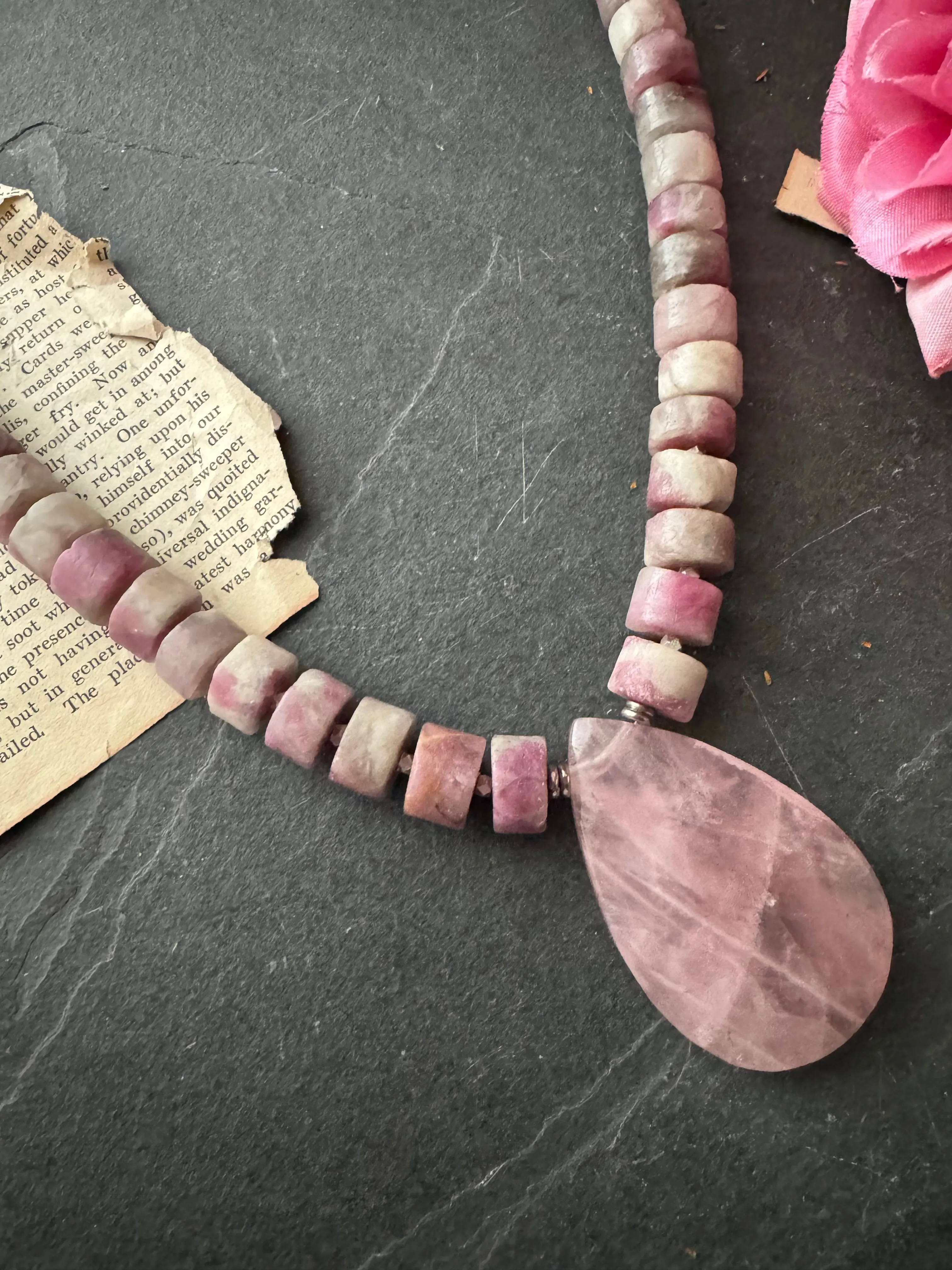 Rose quartz,  pink tourmaline gemstone, sterling silver metal, necklace, jewelry
