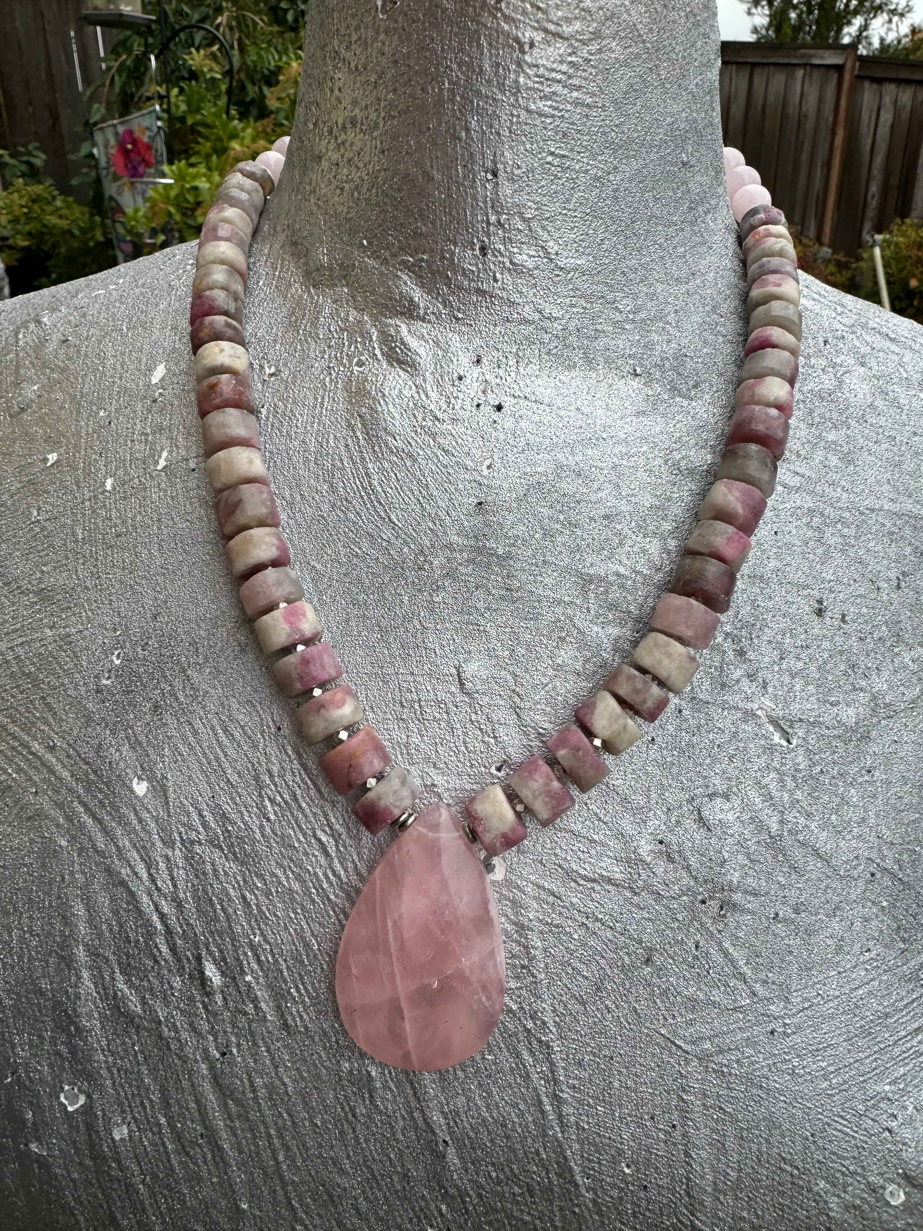 Rose quartz,  pink tourmaline gemstone, sterling silver metal, necklace, jewelry