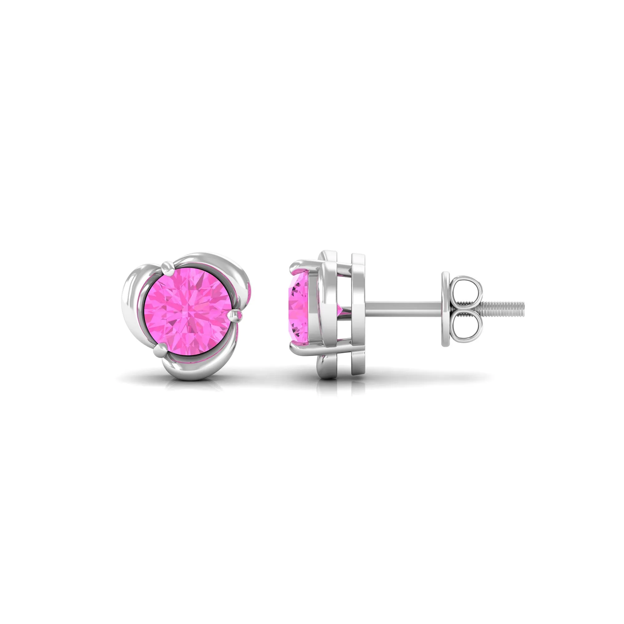 Round Cut Solitaire Pink Sapphire Flower Stud Earrings