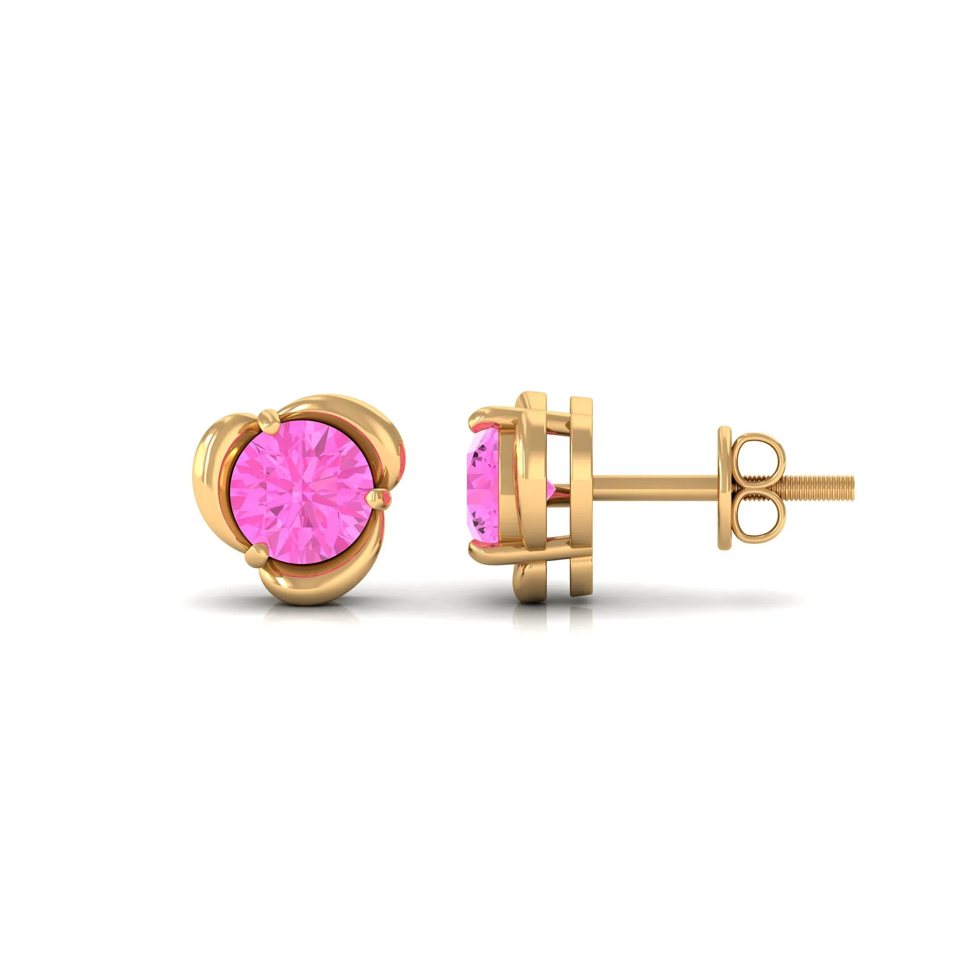 Round Cut Solitaire Pink Sapphire Flower Stud Earrings