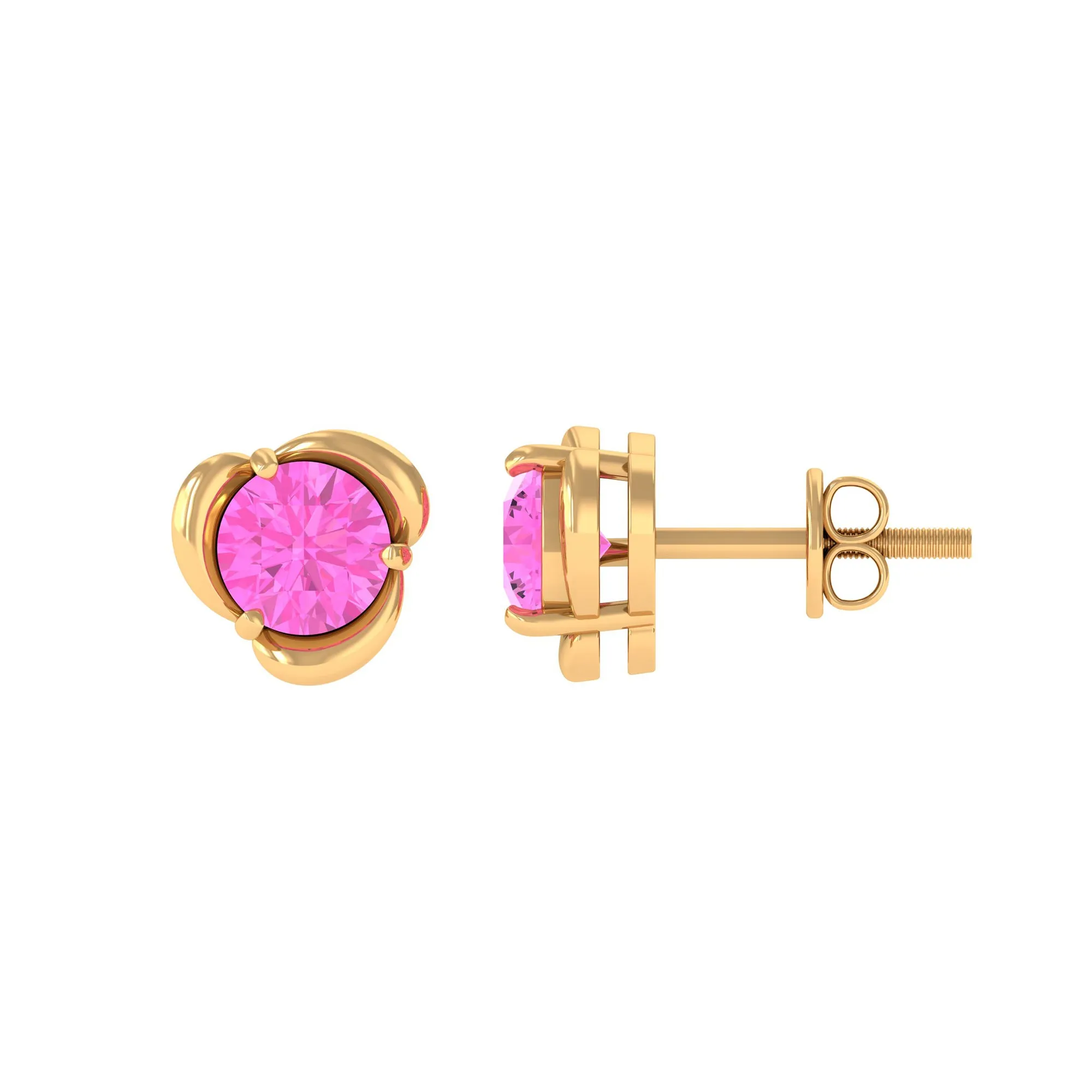 Round Cut Solitaire Pink Sapphire Flower Stud Earrings