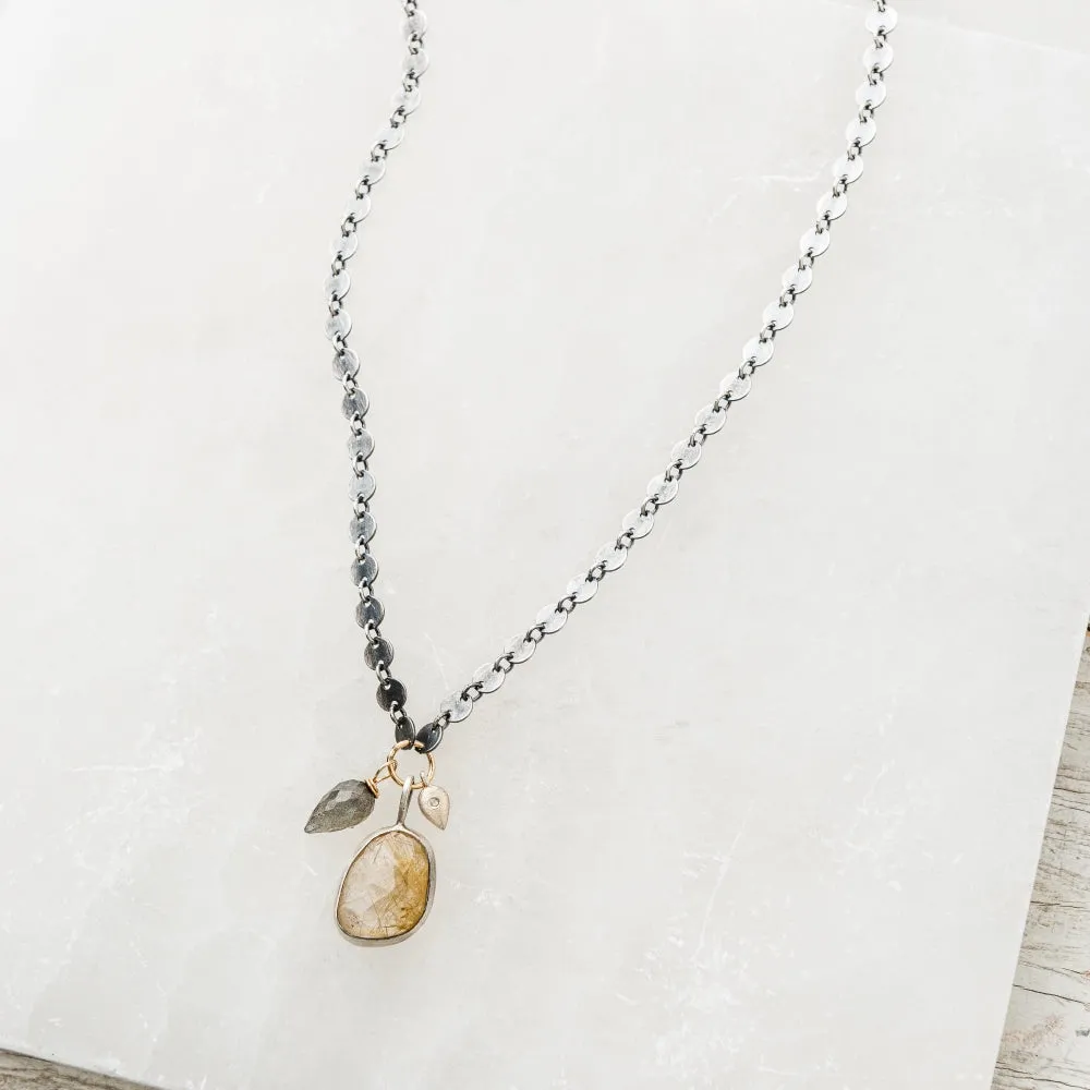 Rutilated Quartz Necklace with Labradorite and Diamond