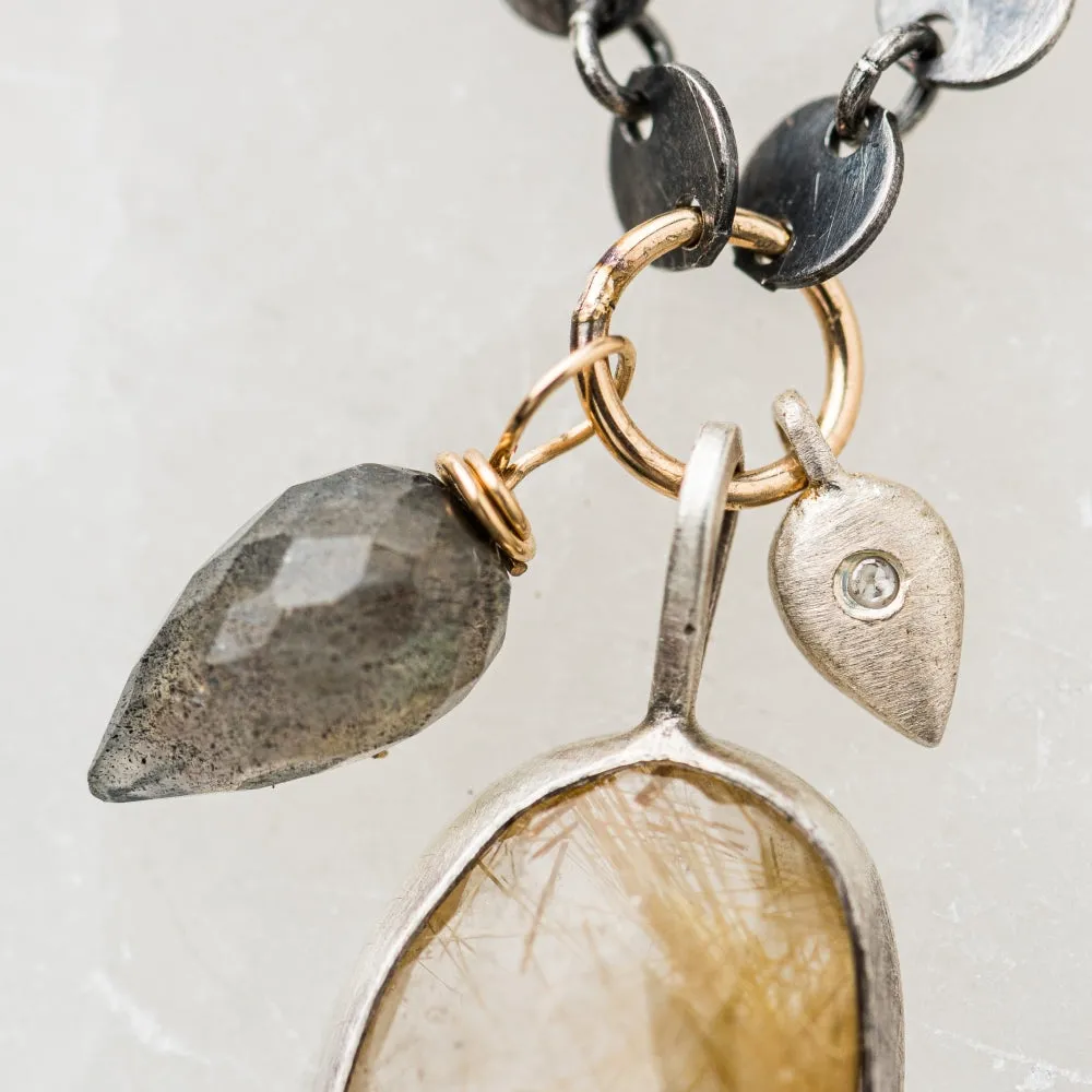 Rutilated Quartz Necklace with Labradorite and Diamond