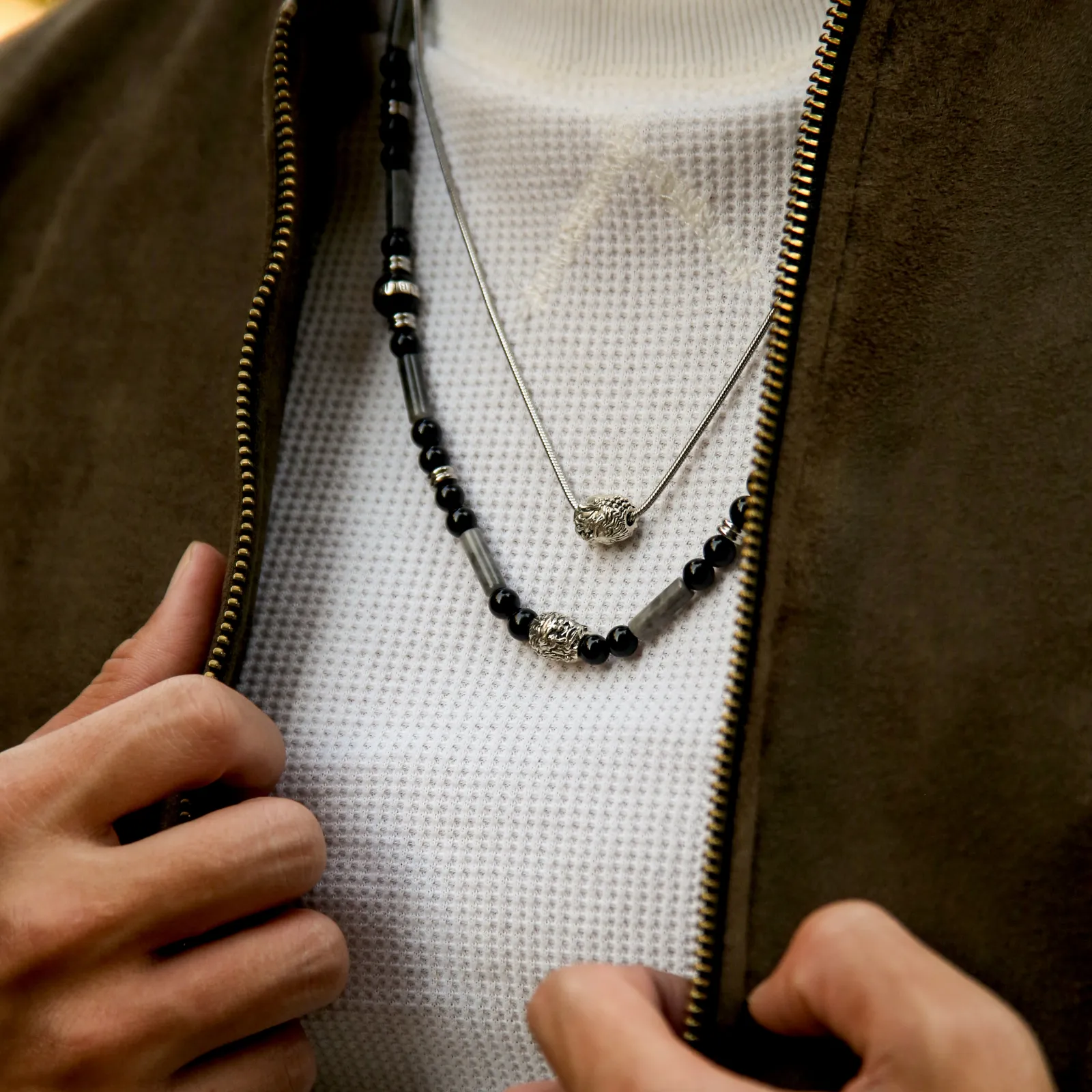 Silver Buddha Necklace, Enamel Bead with Obsidian, PIcasso Jasper
