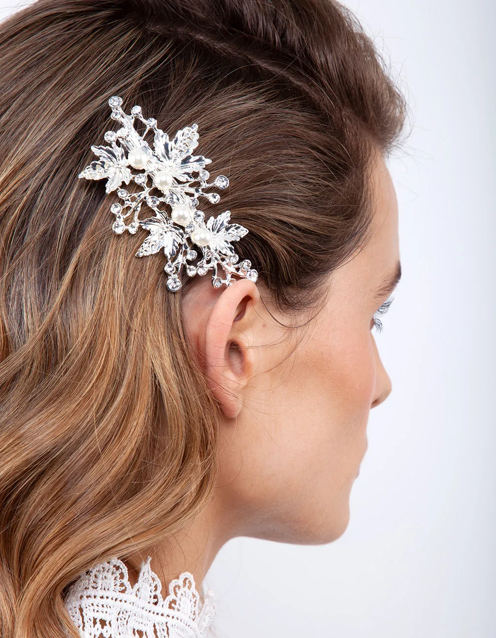 Silver Pearl Leaf Hair Barrette