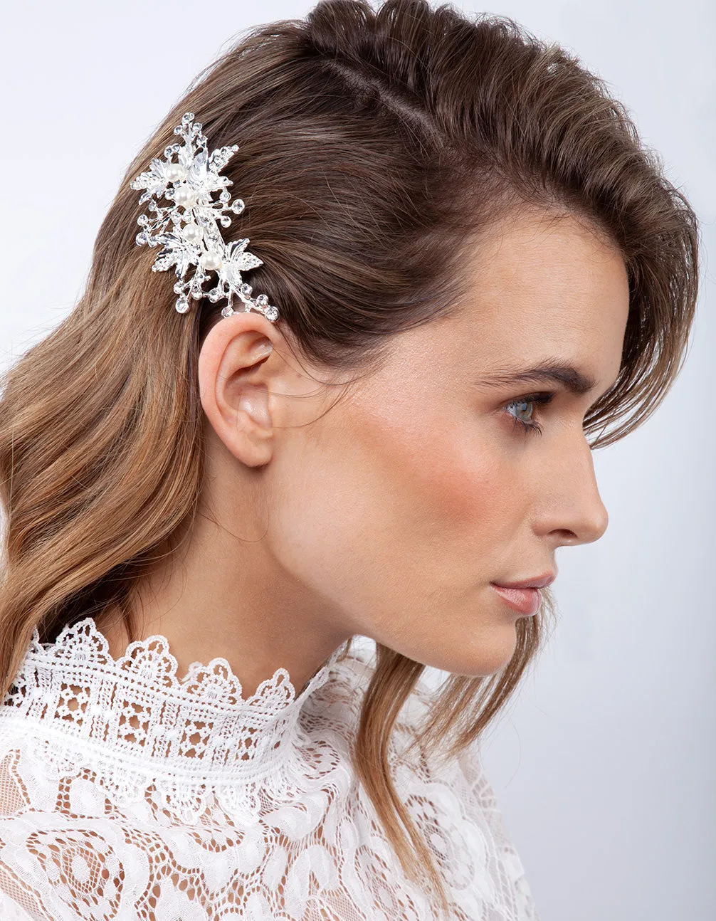 Silver Pearl Leaf Hair Barrette