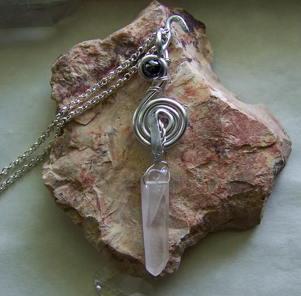 Silver Wire Coiled Snake Quartz Crystal Pendant Necklace