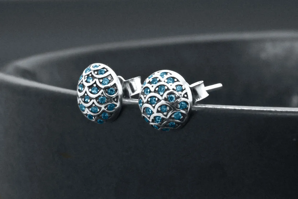 Sterling Silver Cluster Created Blue Sapphire Dome Sea Wave Stud Earrings
