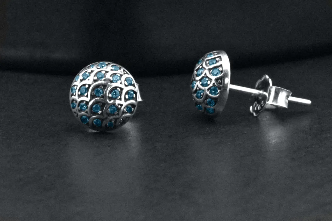 Sterling Silver Cluster Created Blue Sapphire Dome Sea Wave Stud Earrings