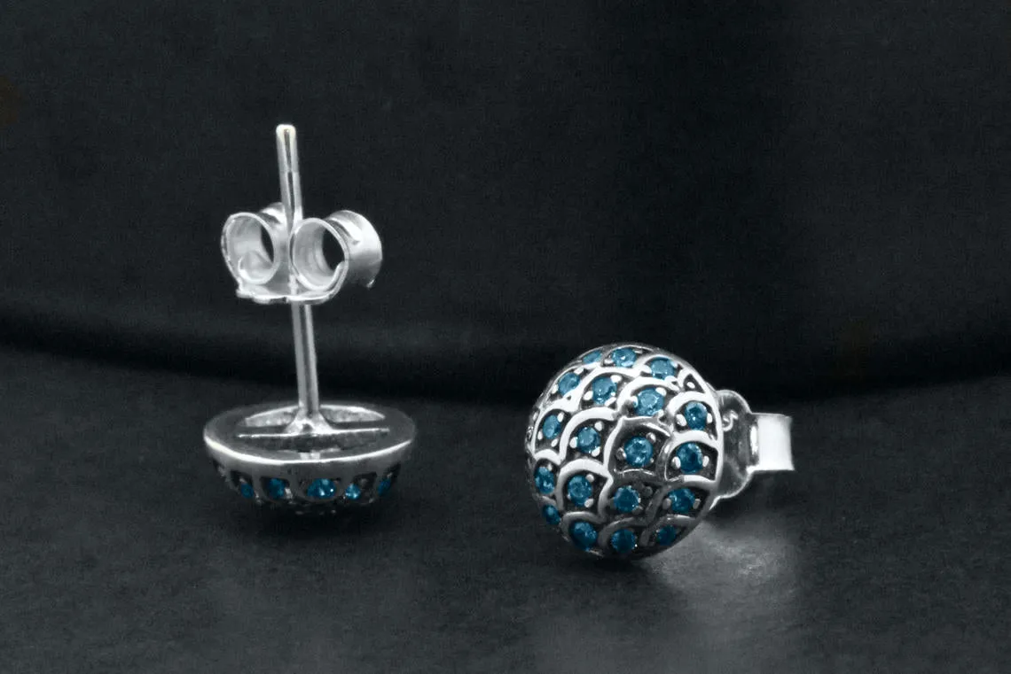 Sterling Silver Cluster Created Blue Sapphire Dome Sea Wave Stud Earrings